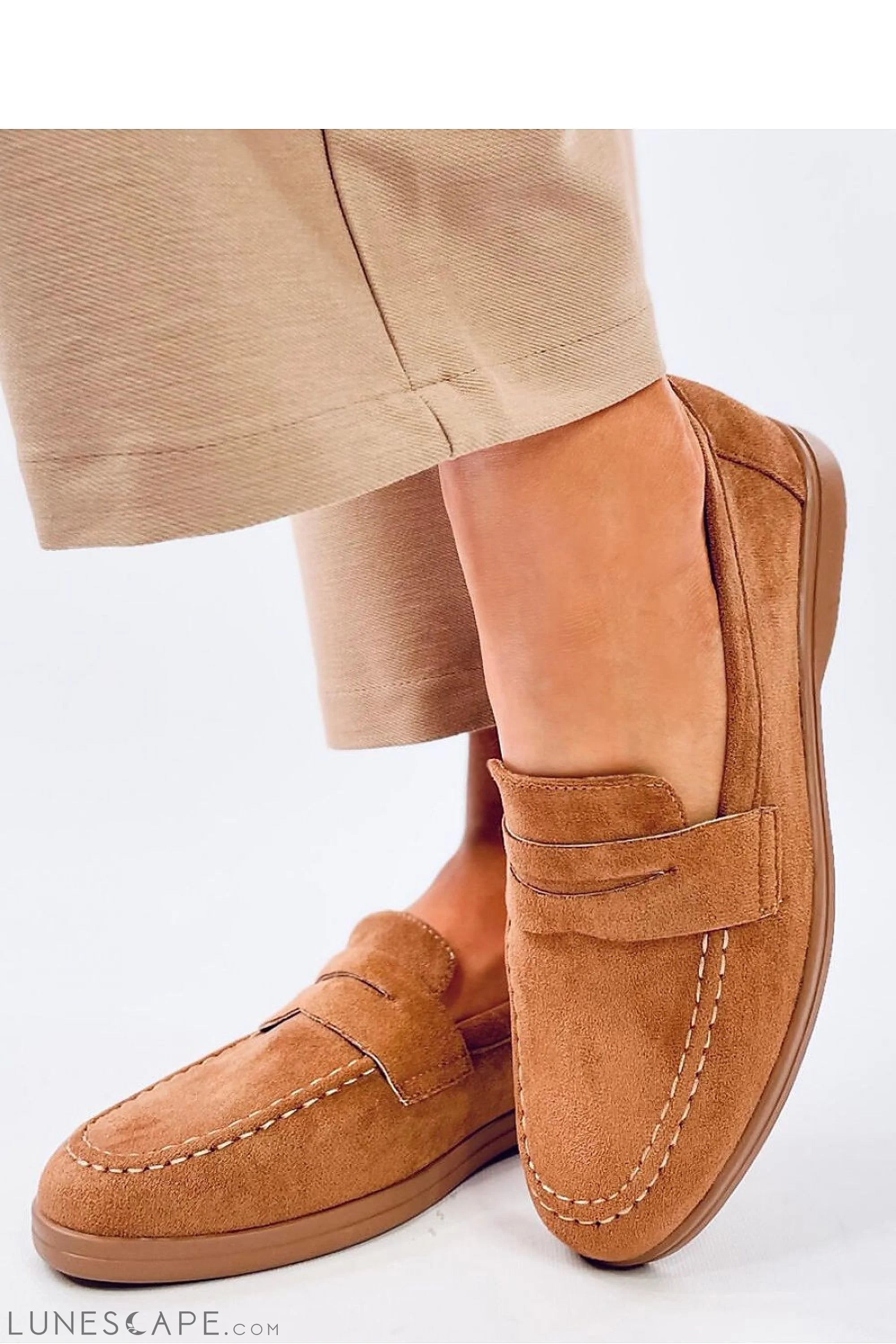 Camel Eco-Suede Women’s Loafers with Penny Strap Detail LUNESCAPE