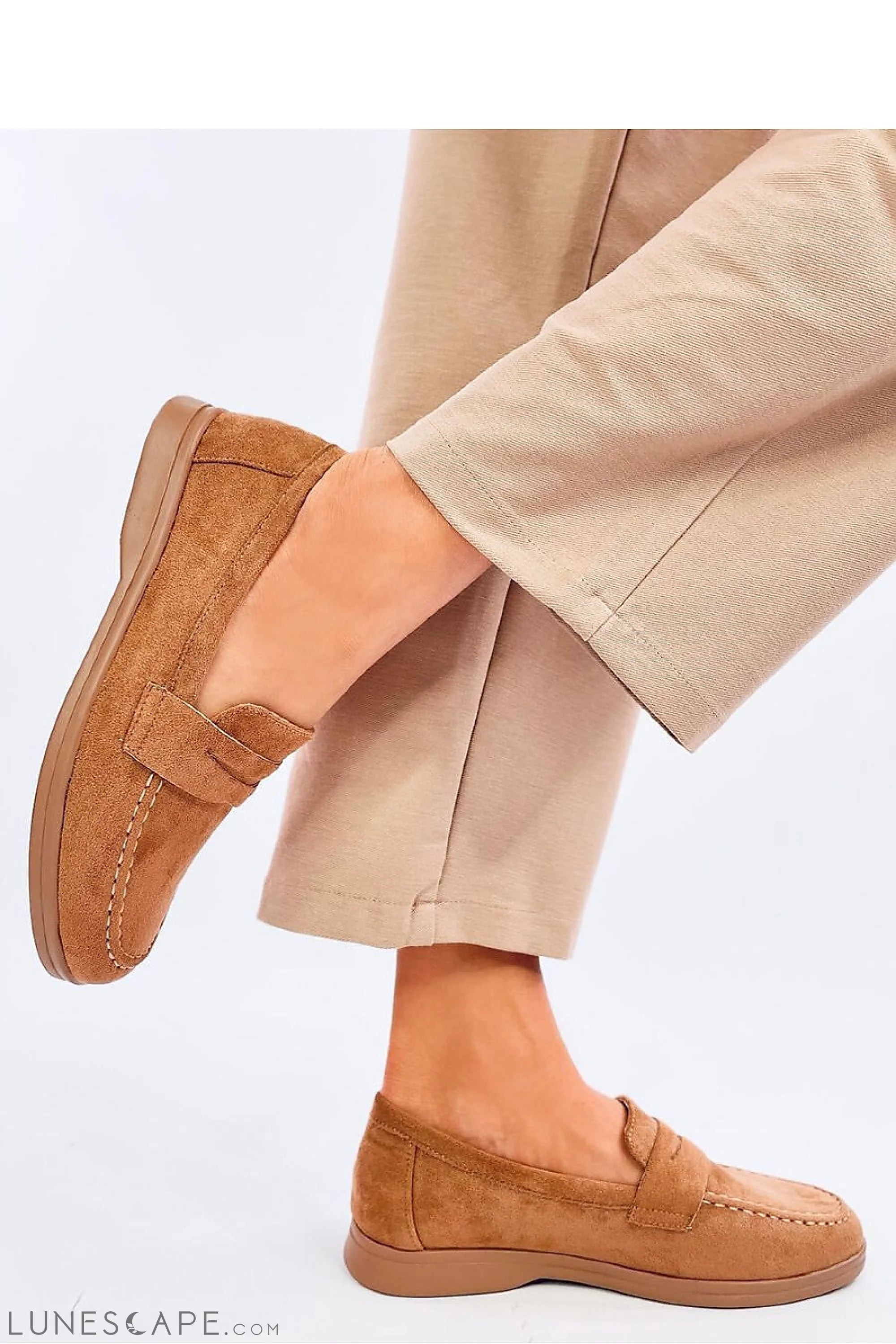 Camel Eco-Suede Women’s Loafers with Penny Strap Detail LUNESCAPE