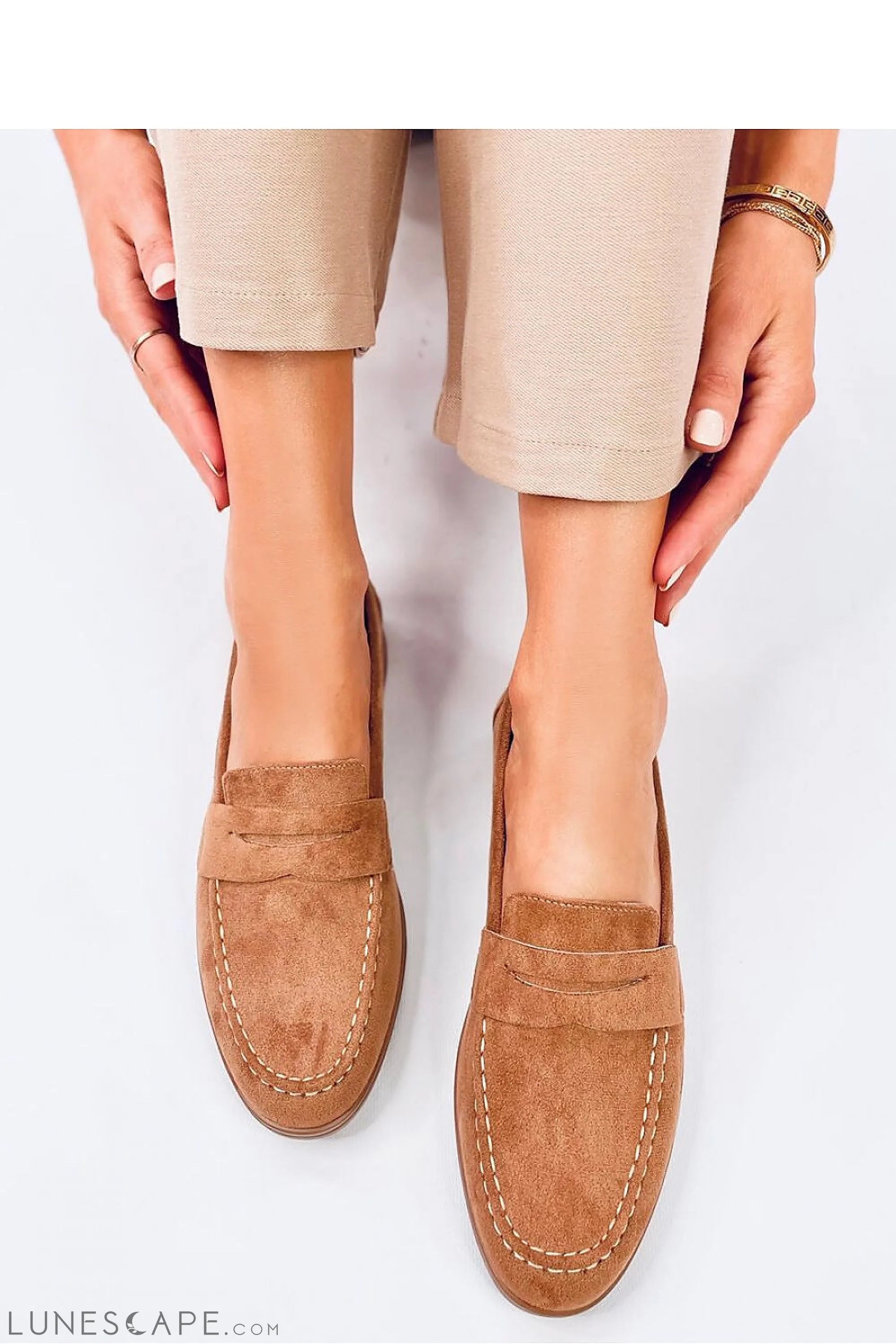 Camel Eco-Suede Women’s Loafers with Penny Strap Detail LUNESCAPE