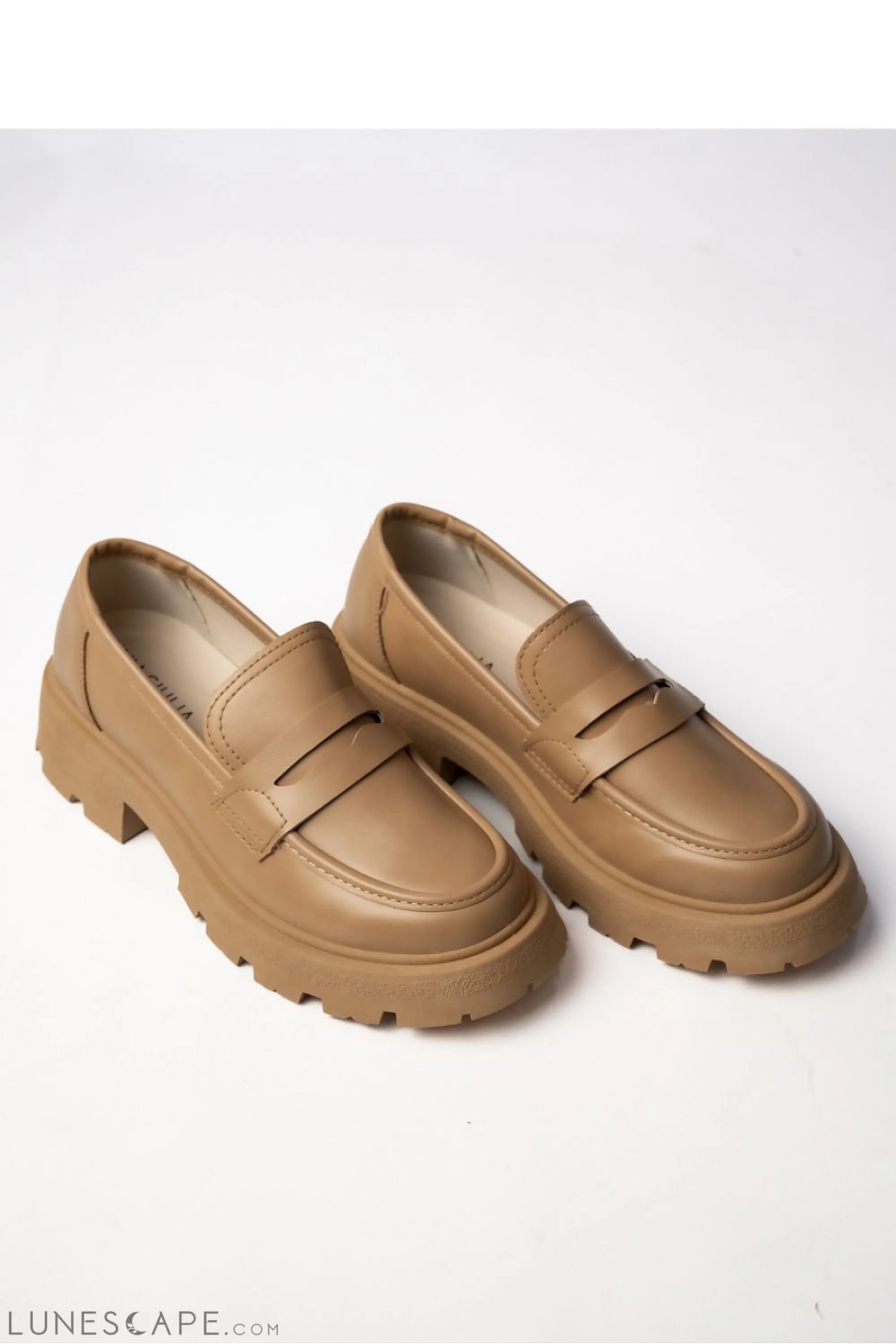 Camel Vegan Leather Women’s Loafers with Chunky Sole and Penny Strap LUNESCAPE