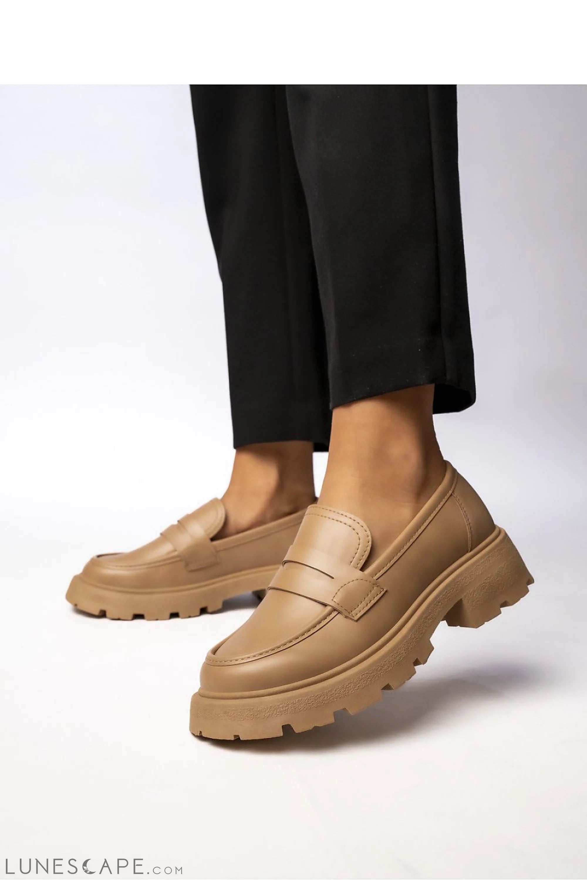 Camel Vegan Leather Women’s Loafers with Chunky Sole and Penny Strap LUNESCAPE