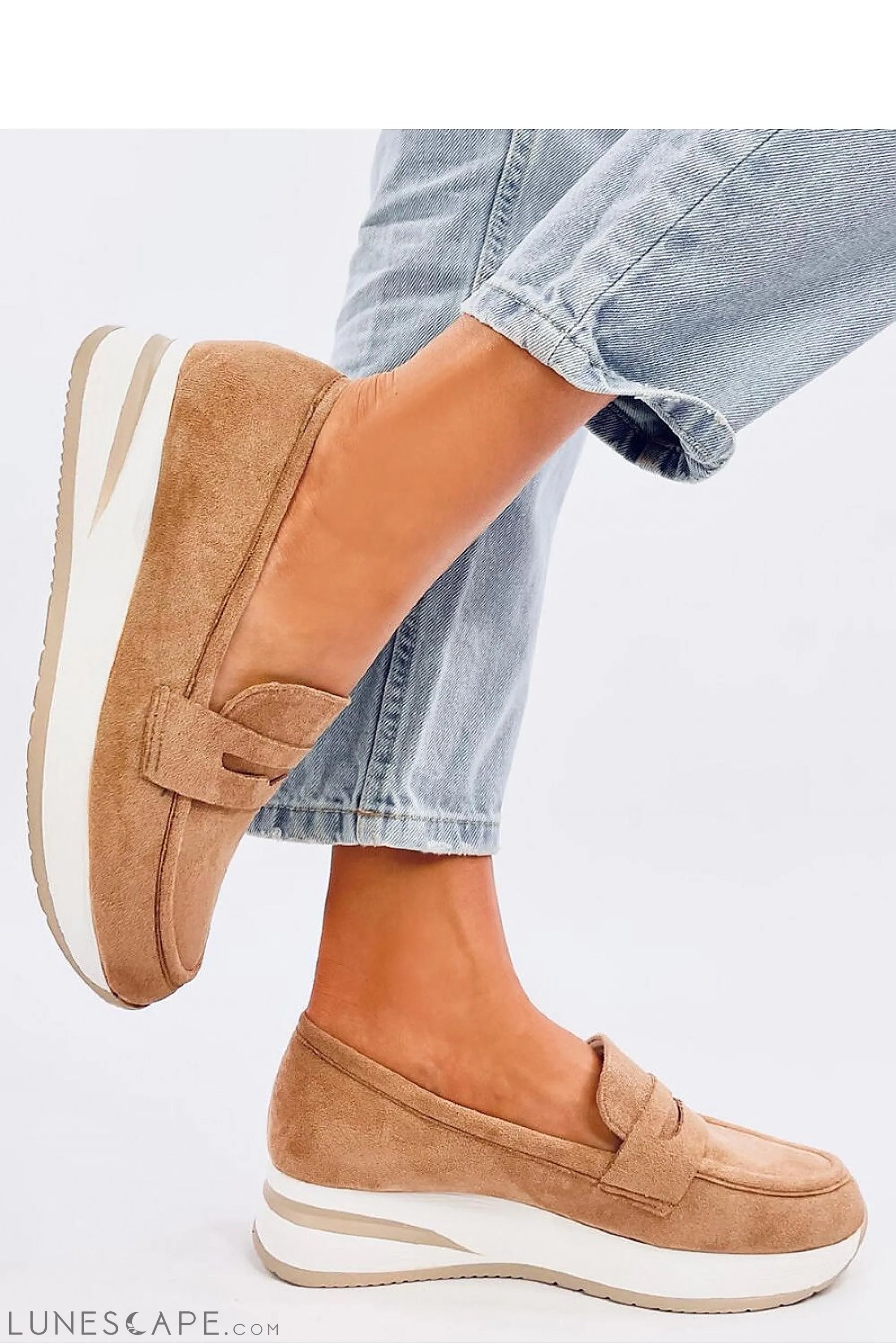 Camel Vegan Suede Platform Loafers – Women's Round Toe with White Contrast Sole LUNESCAPE