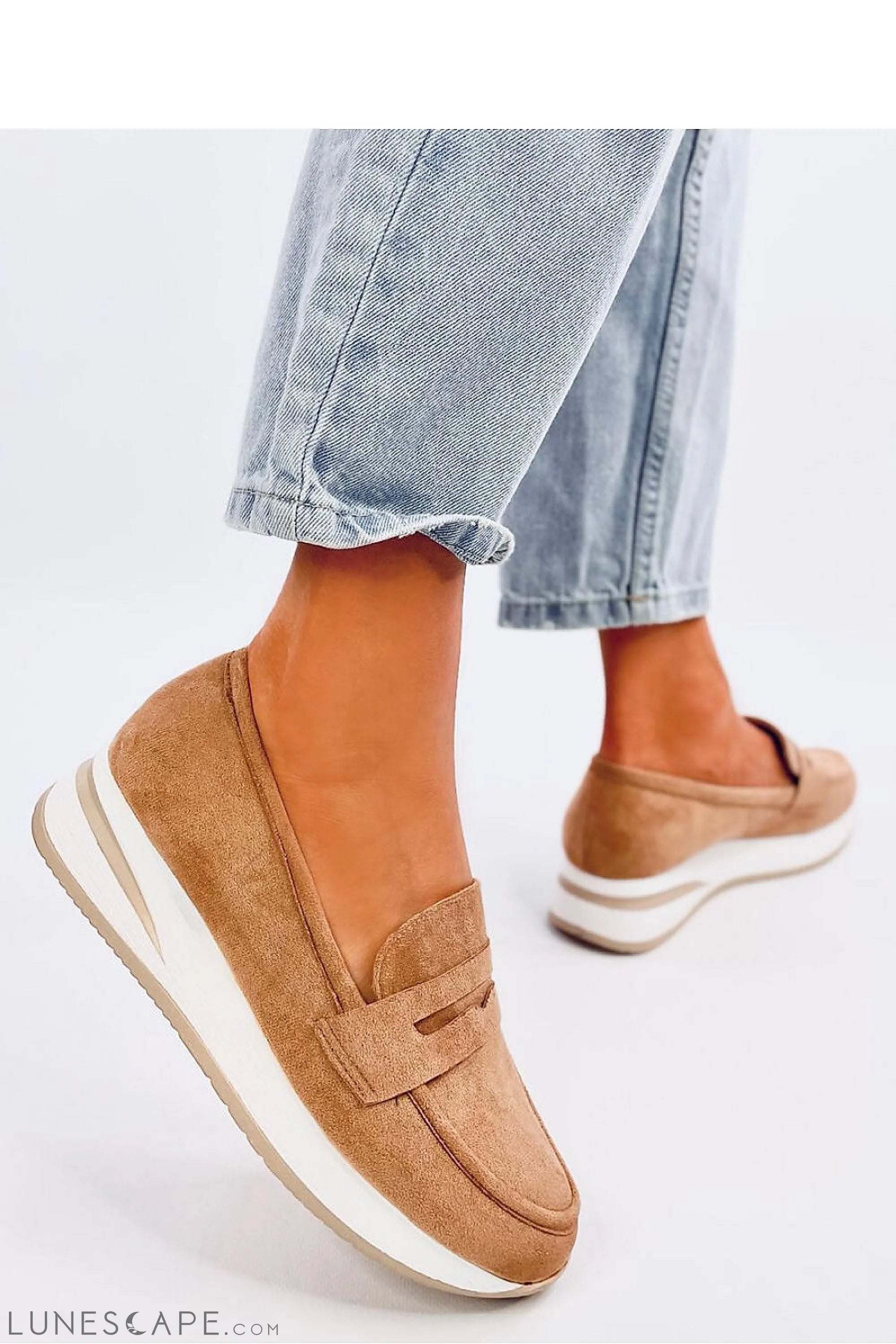 Camel Vegan Suede Platform Loafers – Women's Round Toe with White Contrast Sole LUNESCAPE