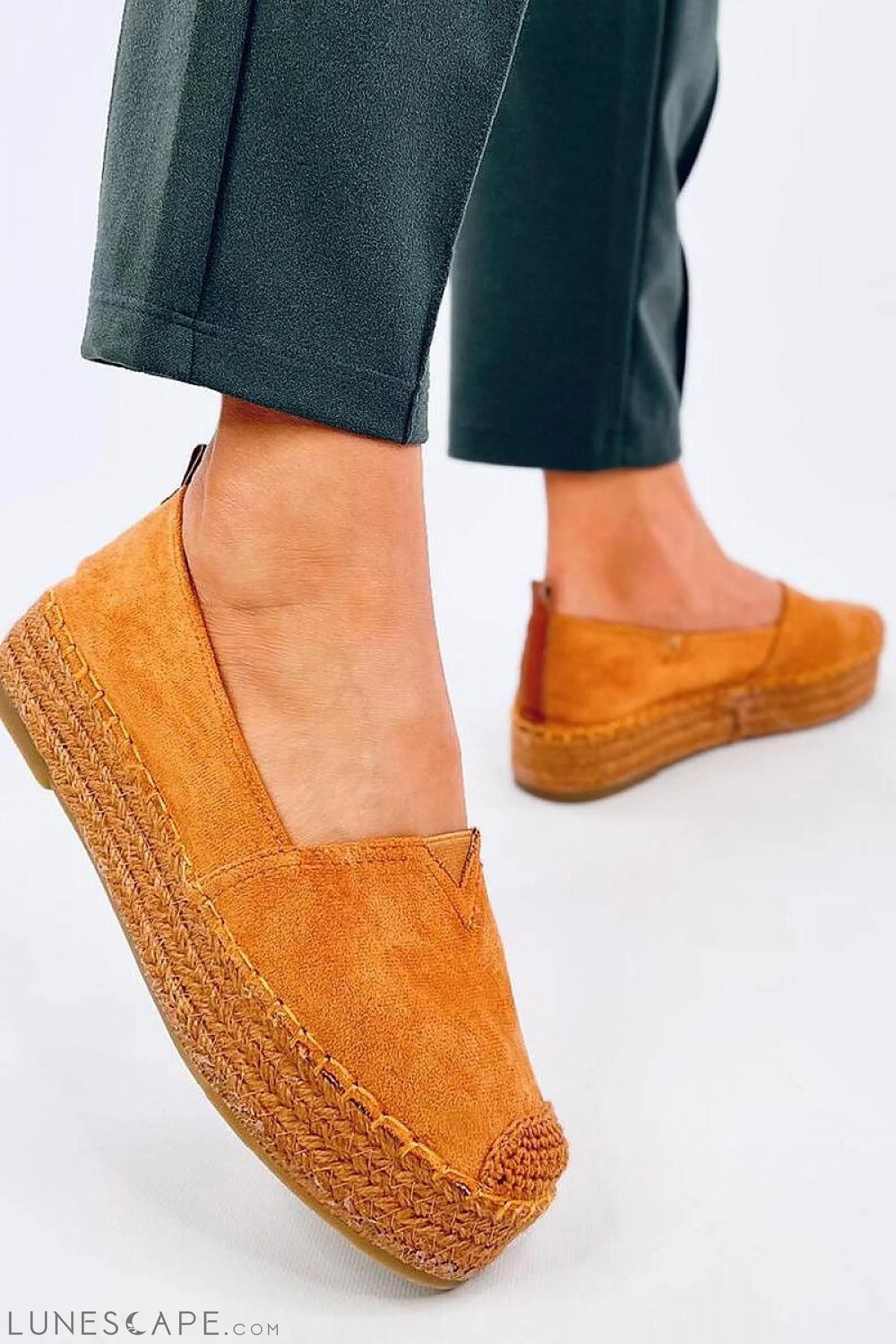 Caramel Eco-Suede Slip-on Flatform Espadrilles Braided Jute Platform & Cap Toe LUNESCAPE