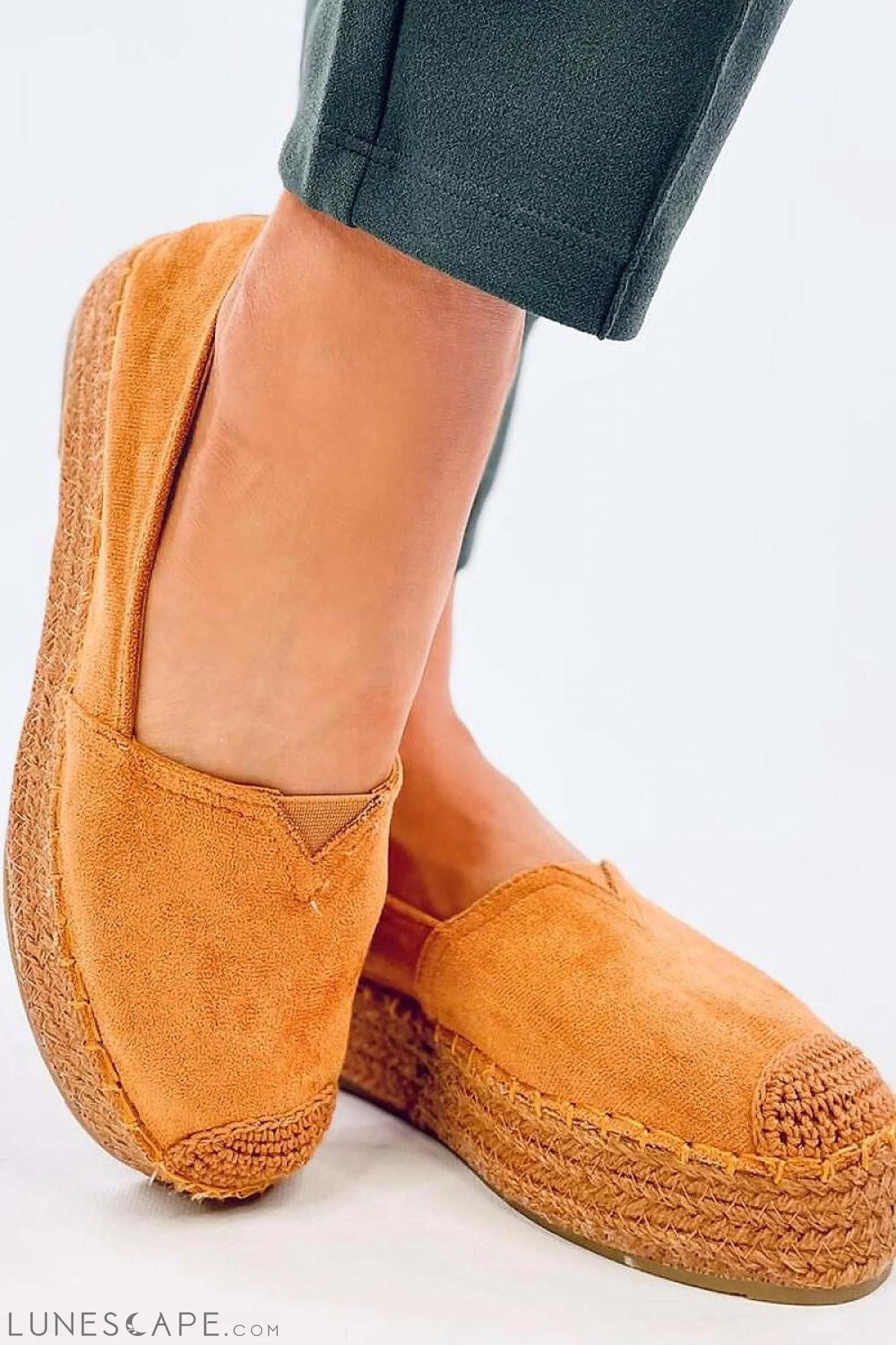 Caramel Eco-Suede Slip-on Flatform Espadrilles Braided Jute Platform & Cap Toe LUNESCAPE