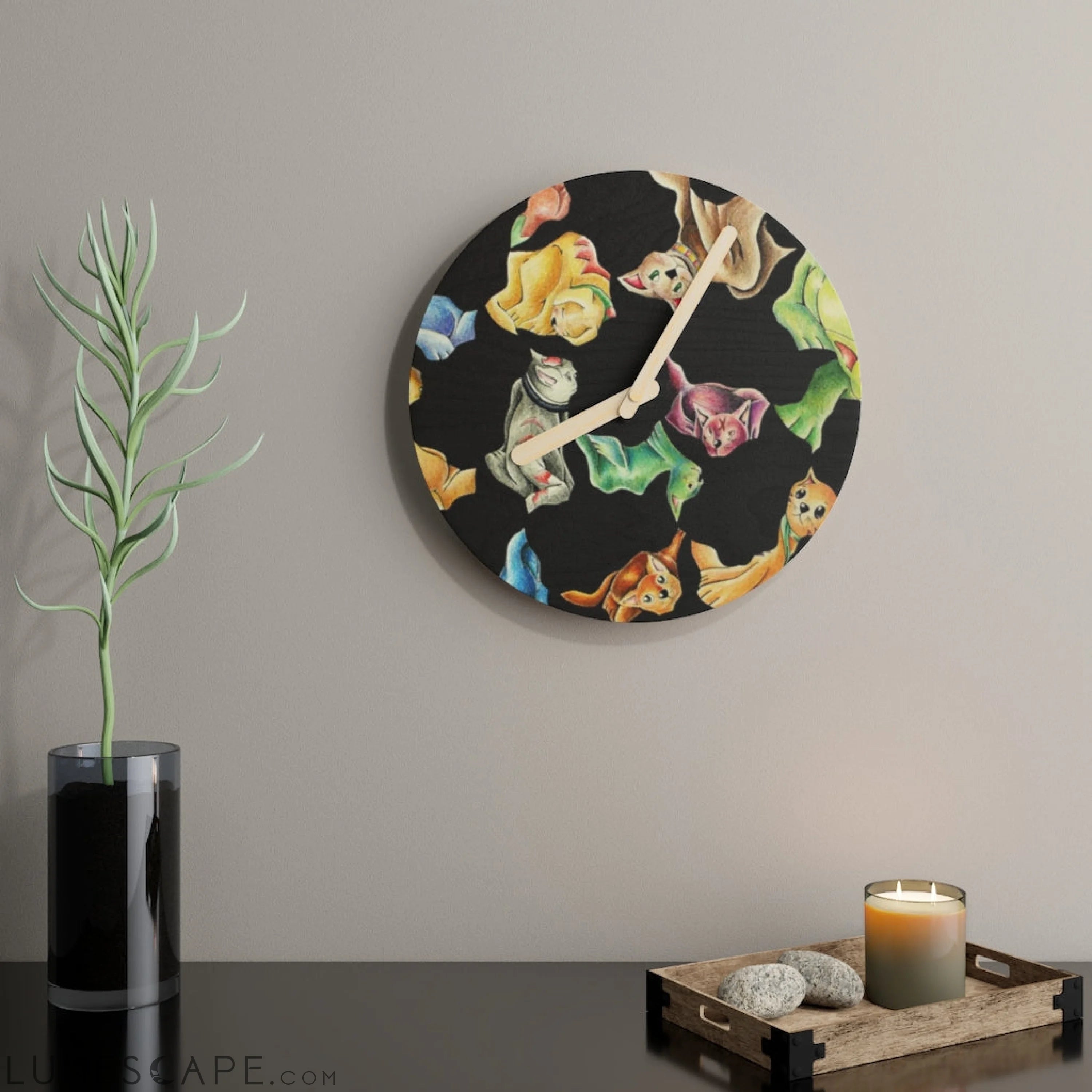 Cat Pattern Wooden Wall Clock LUNESCAPE