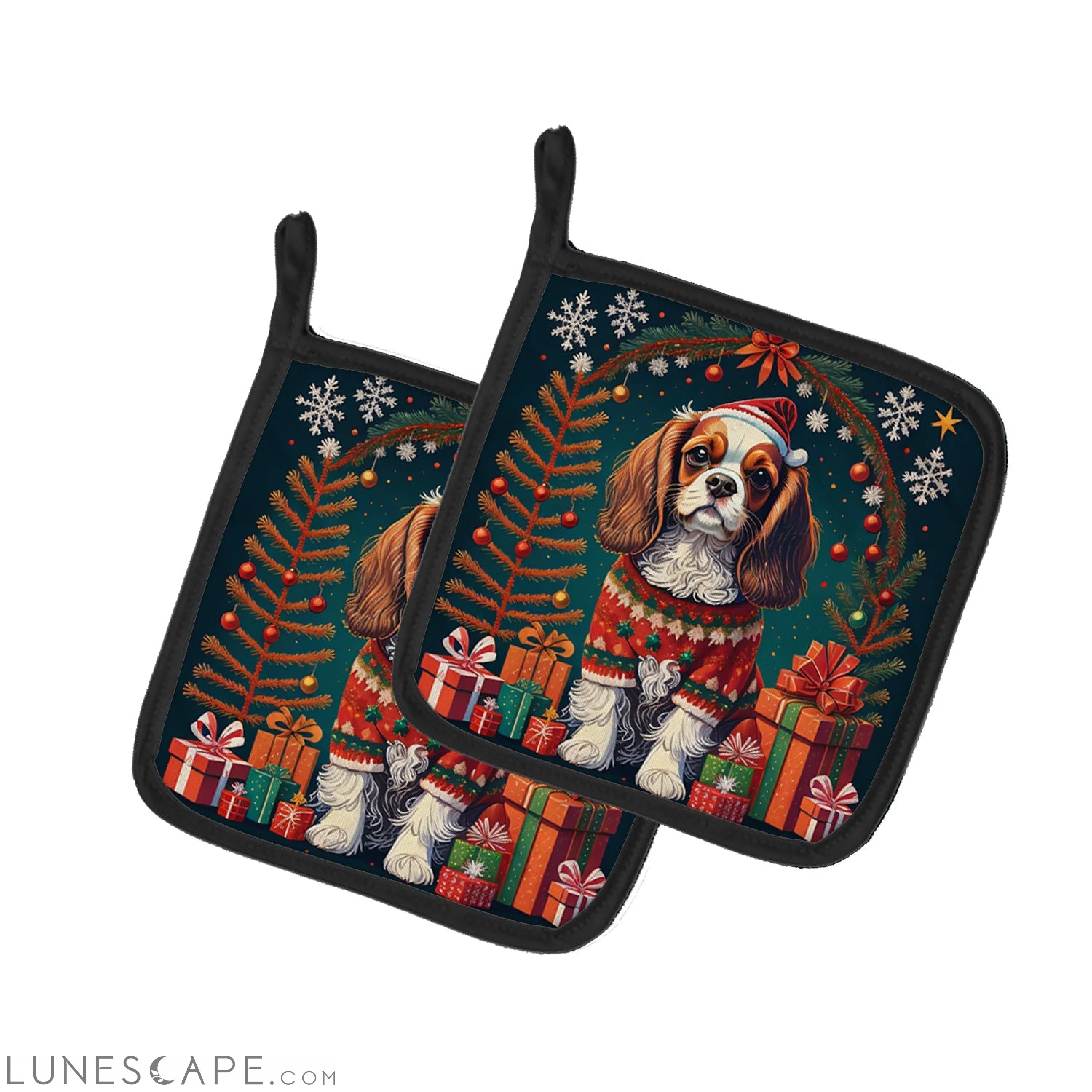 Cavalier King Charles Spaniel Christmas Pair of Pot Holders LUNESCAPE