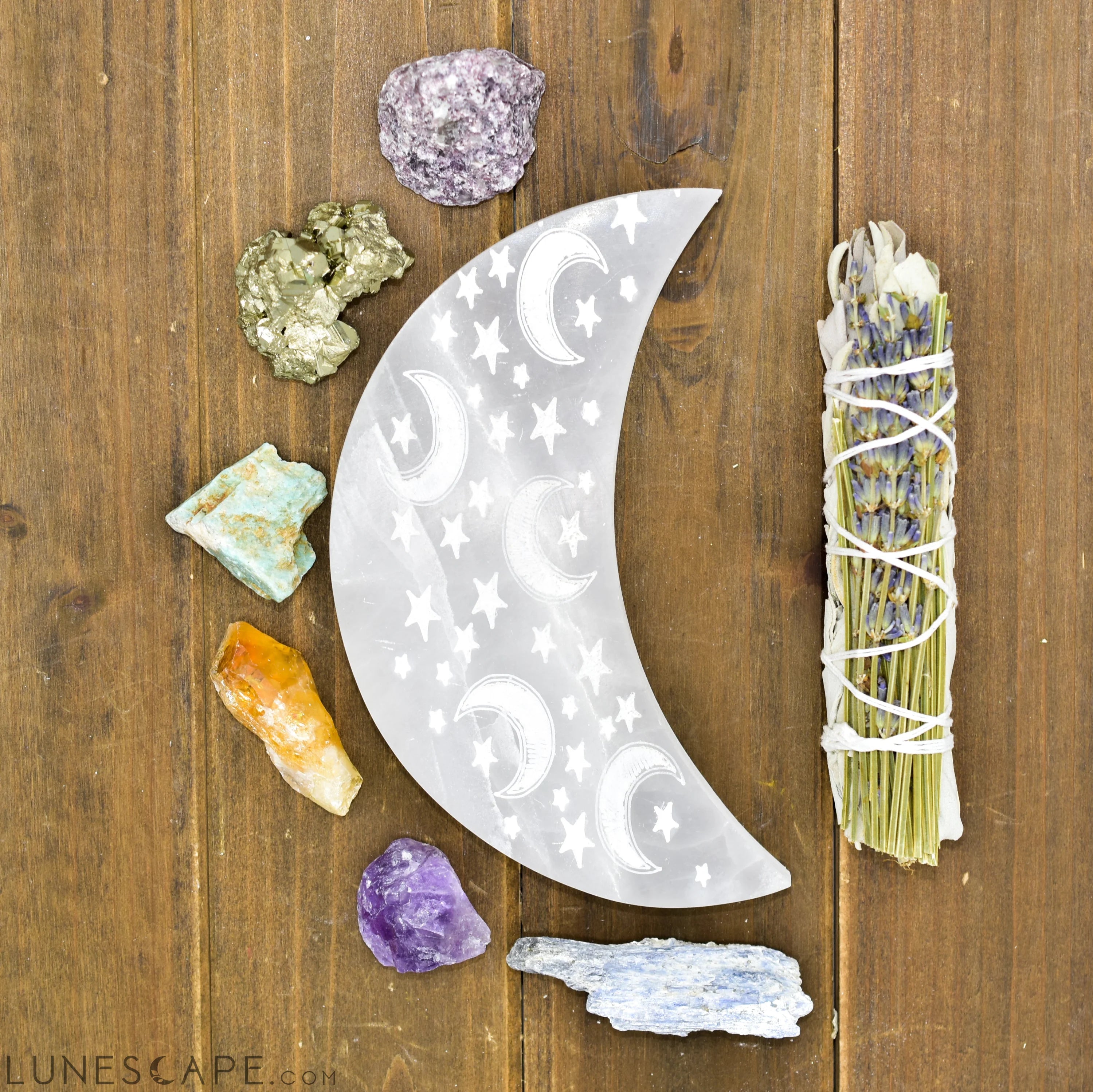 Celestial Engraved Crescent Moon Selenite Plate LUNESCAPE