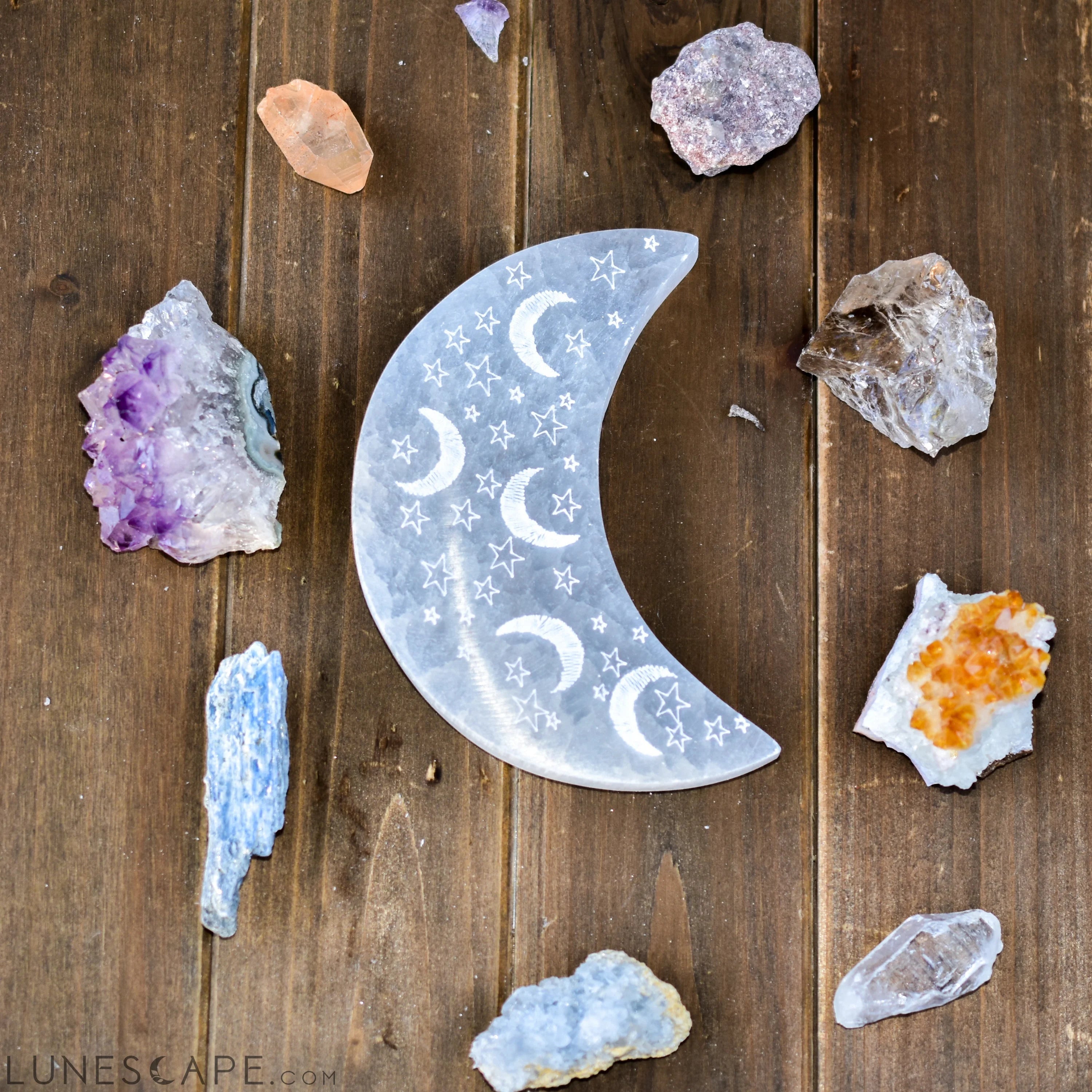 Celestial Engraved Crescent Moon Selenite Plate LUNESCAPE