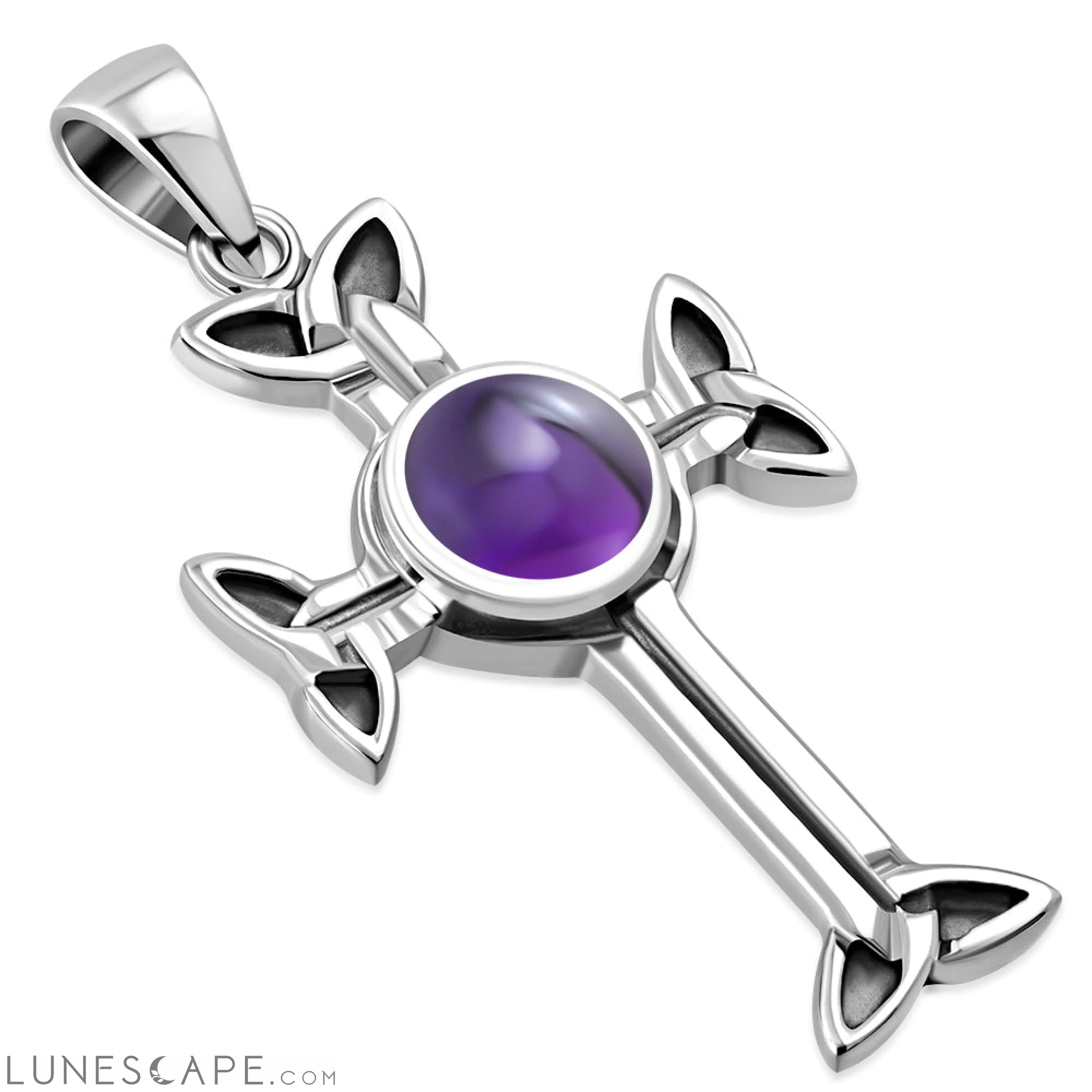 Celtic Trinity Knot Cross Silver Pendant Set W/ Amethyst Stone LUNESCAPE