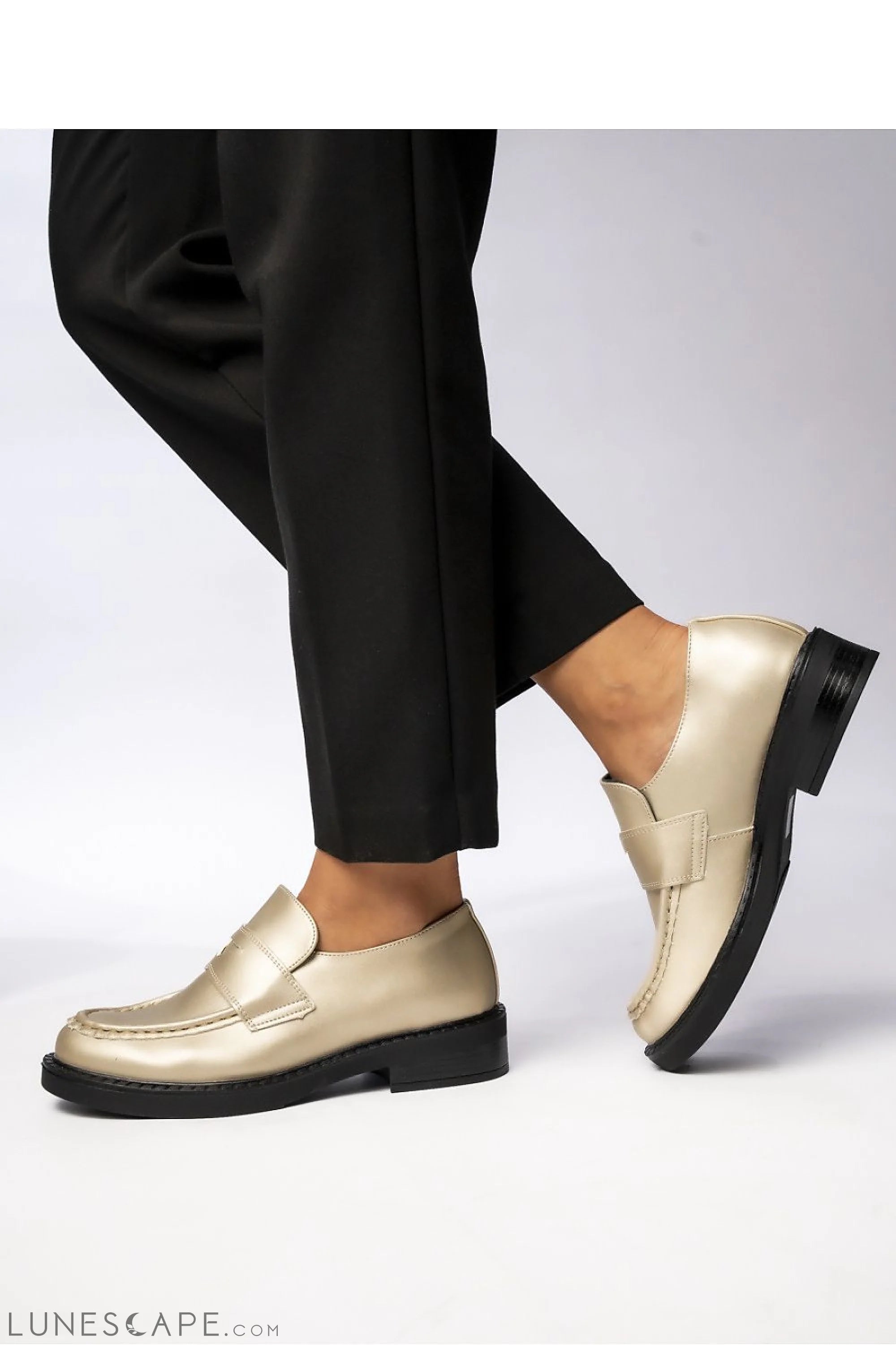 Champagne Vegan Leather Women's Penny Loafers – Almond Toe with Black Welt Sole LUNESCAPE