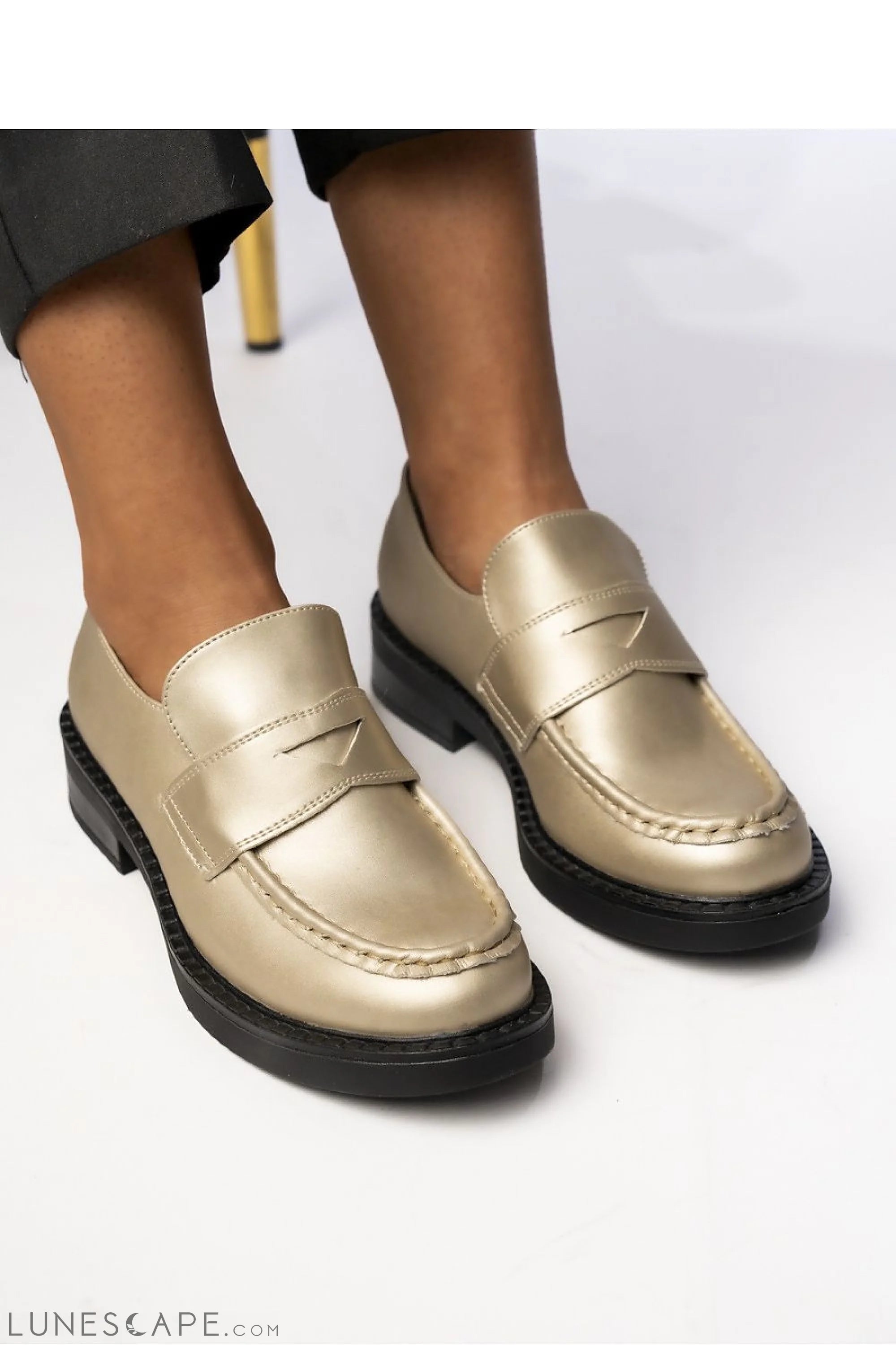 Champagne Vegan Leather Women's Penny Loafers – Almond Toe with Black Welt Sole LUNESCAPE