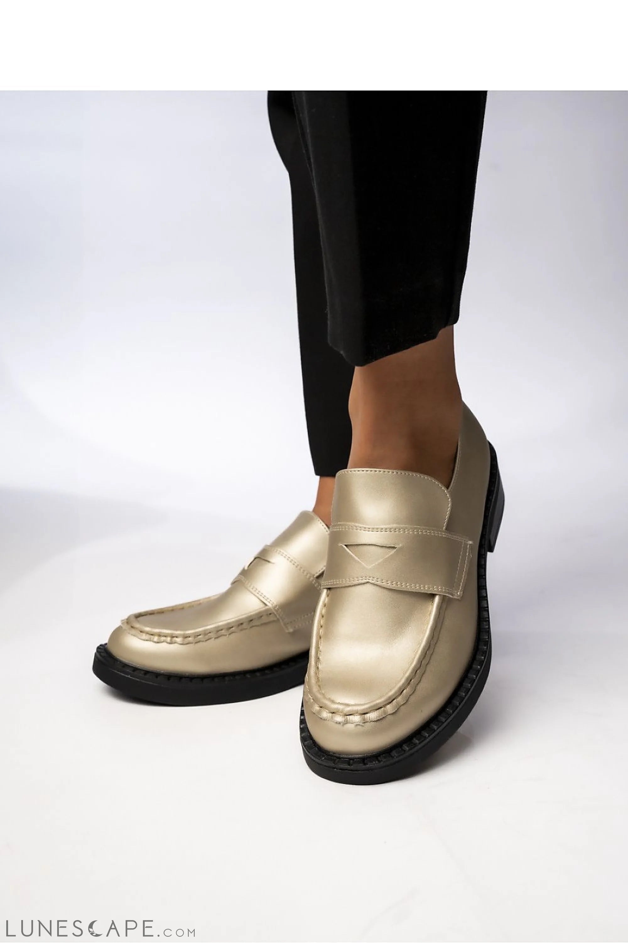 Champagne Vegan Leather Women's Penny Loafers – Almond Toe with Black Welt Sole LUNESCAPE
