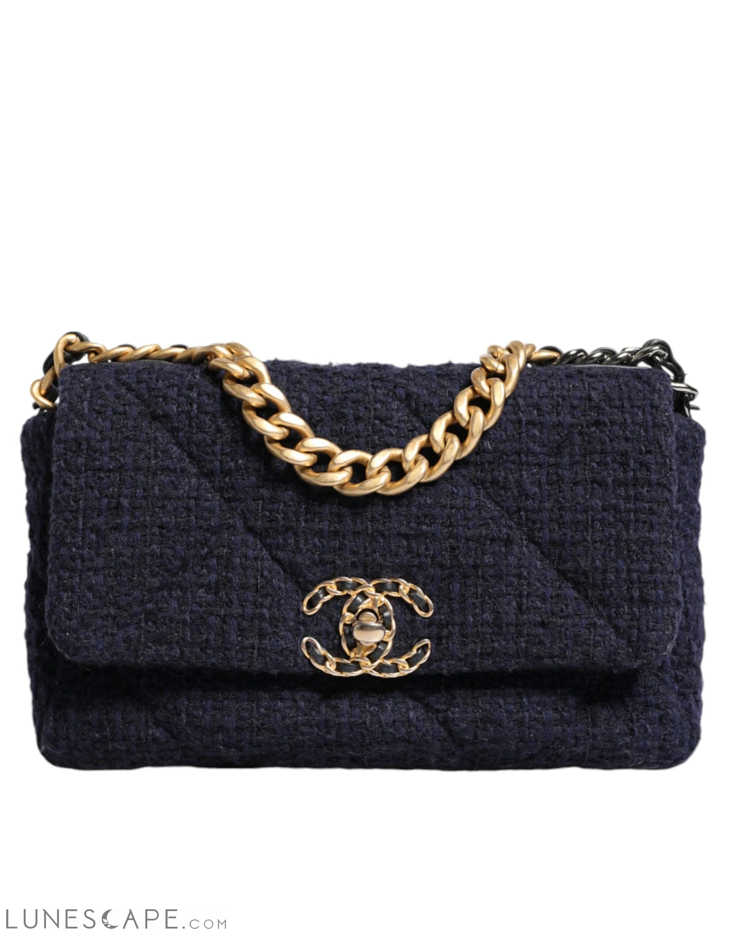 Chanel Dark Blue Medium Flap Tweed CC Gold Gray Chain Shoulder Bag LUNESCAPE