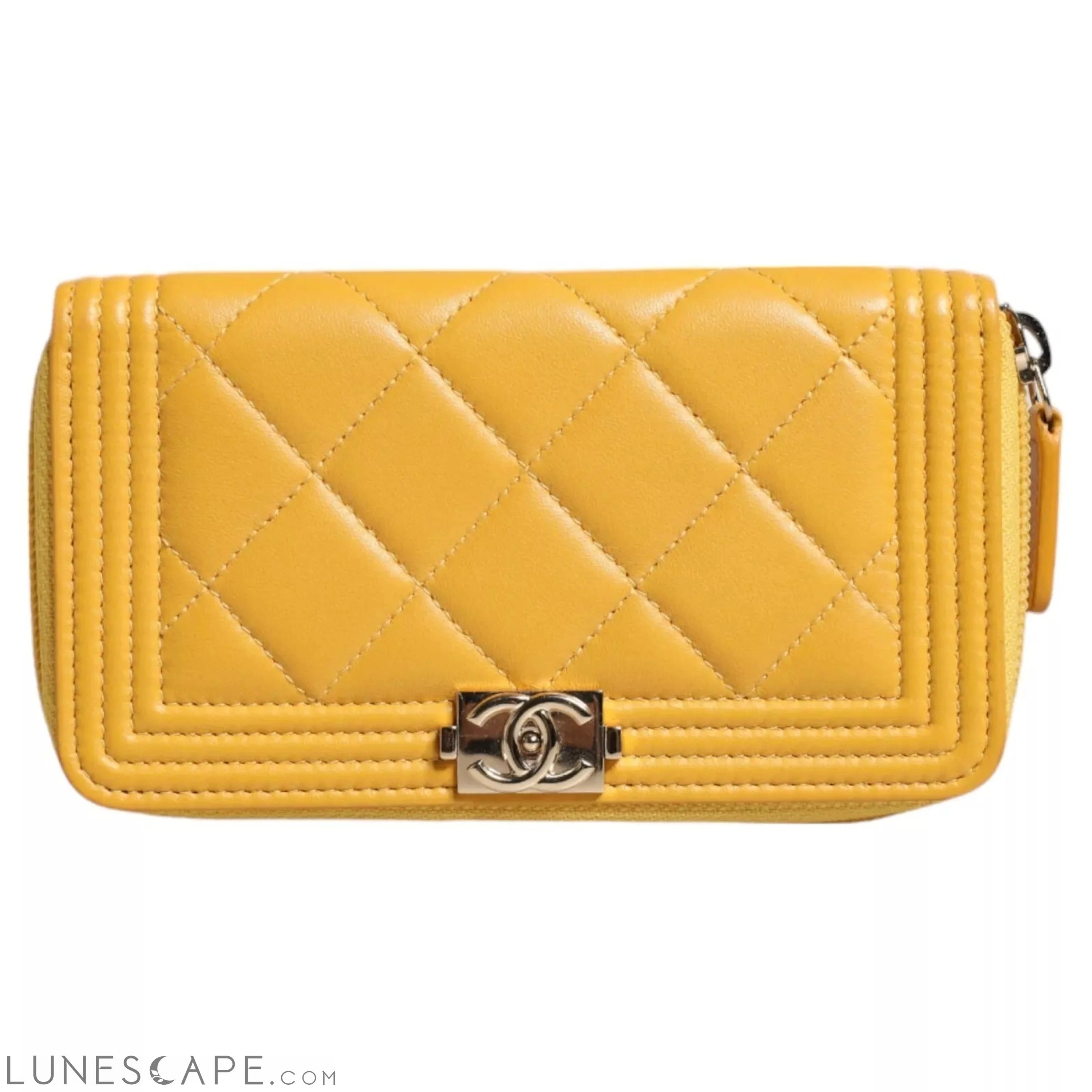Chanel Yellow Quilted Leather CC Logo Continental Zip Wallet Wallets - Women