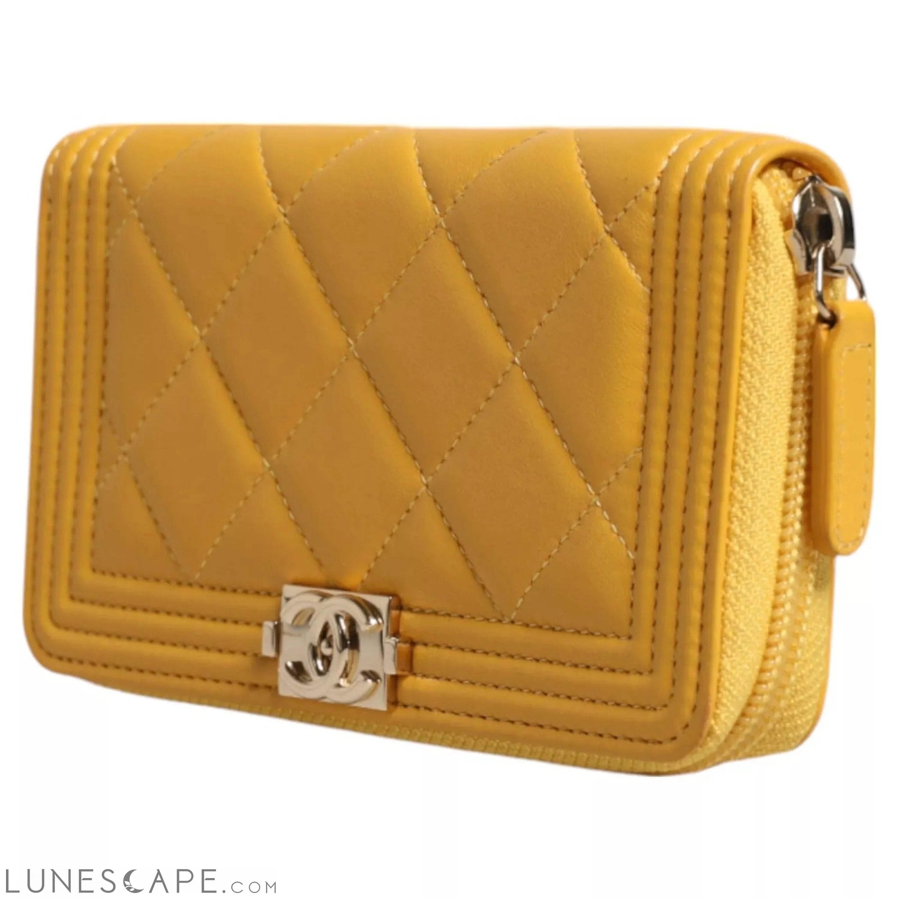 Chanel Yellow Quilted Leather CC Logo Continental Zip Wallet Wallets - Women