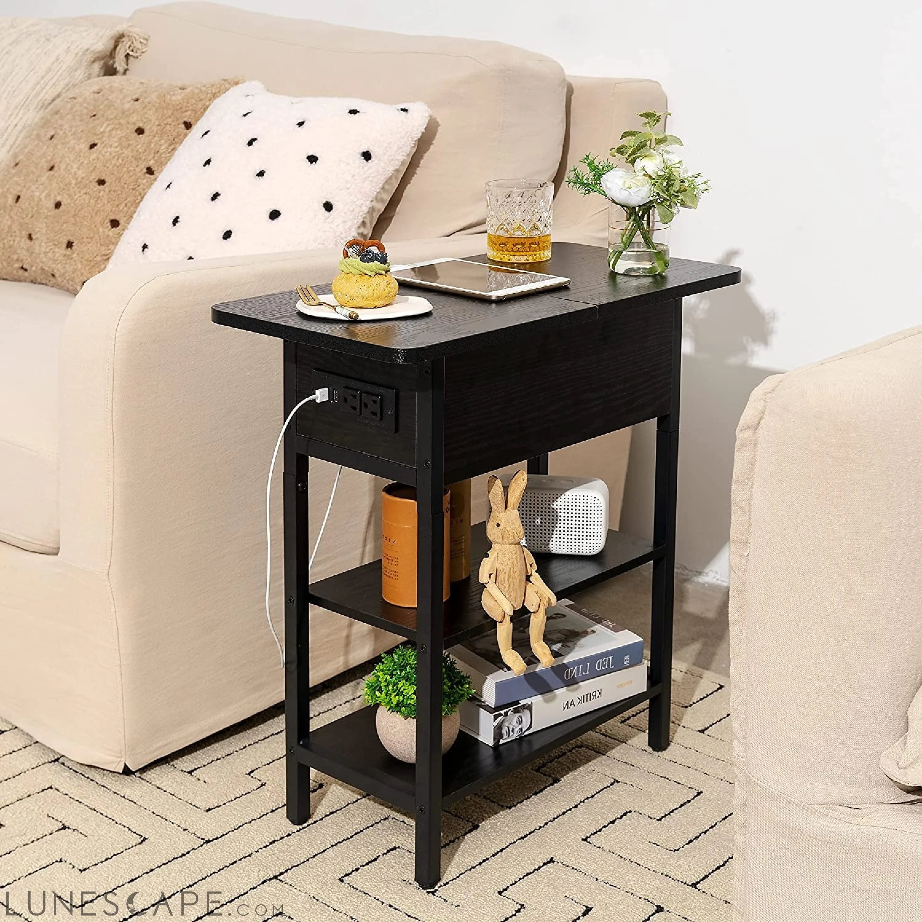 Charging End Table with USB Ports and Outlets, Narrow Nightstand LUNESCAPE
