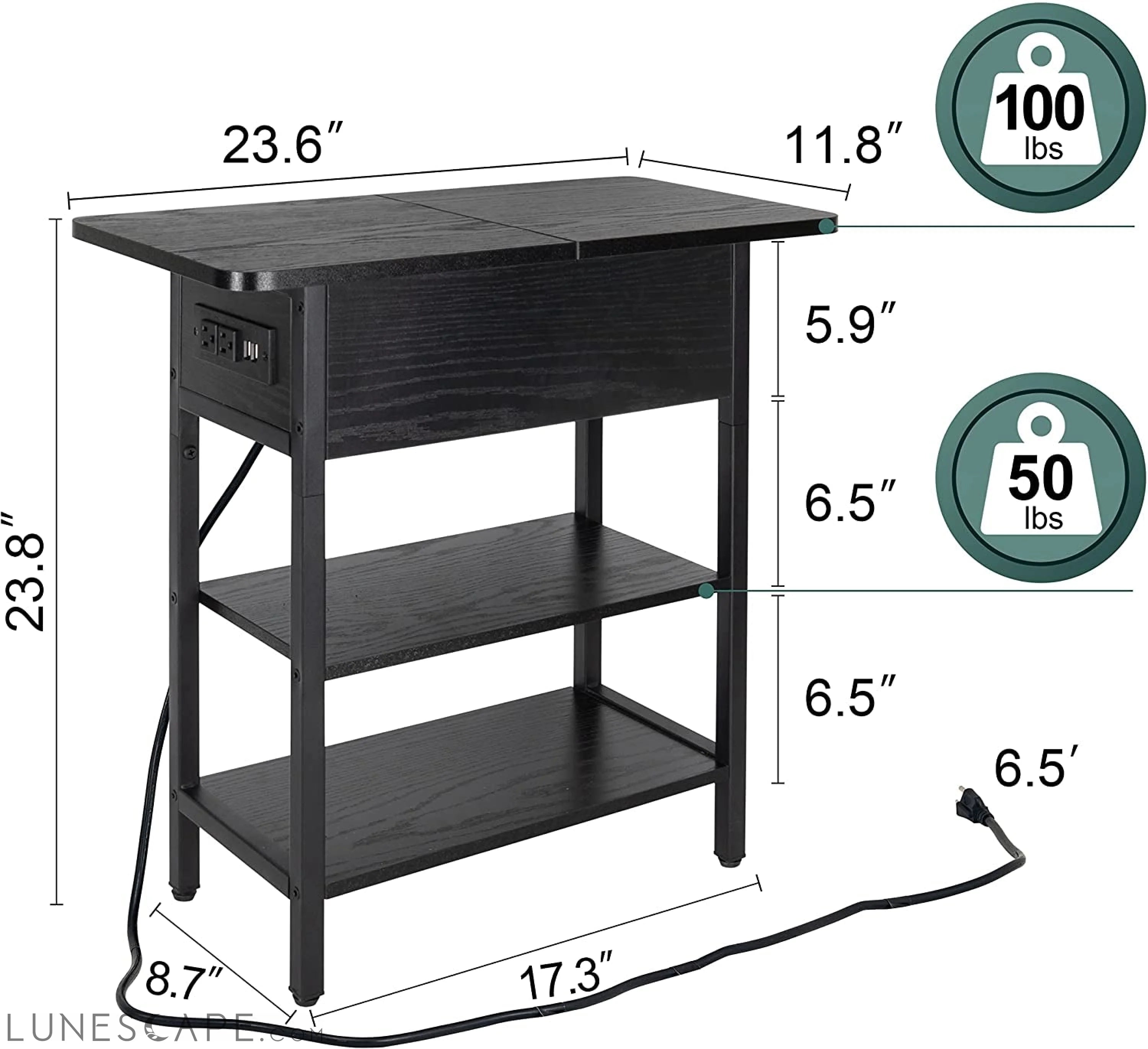 Charging End Table with USB Ports and Outlets, Narrow Nightstand LUNESCAPE