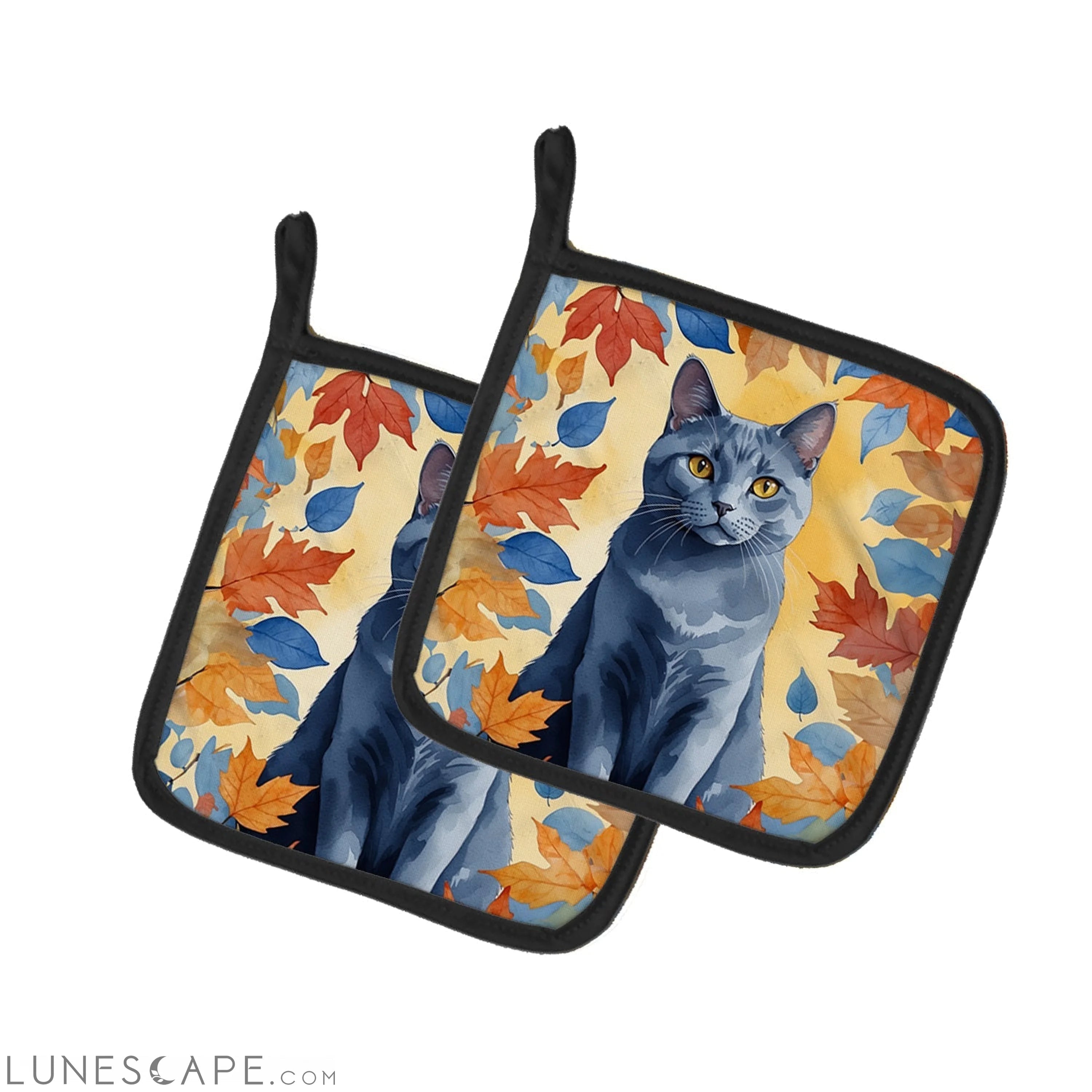 Chartreux Cat in Fall Leaves Pair of Pot Holders LUNESCAPE