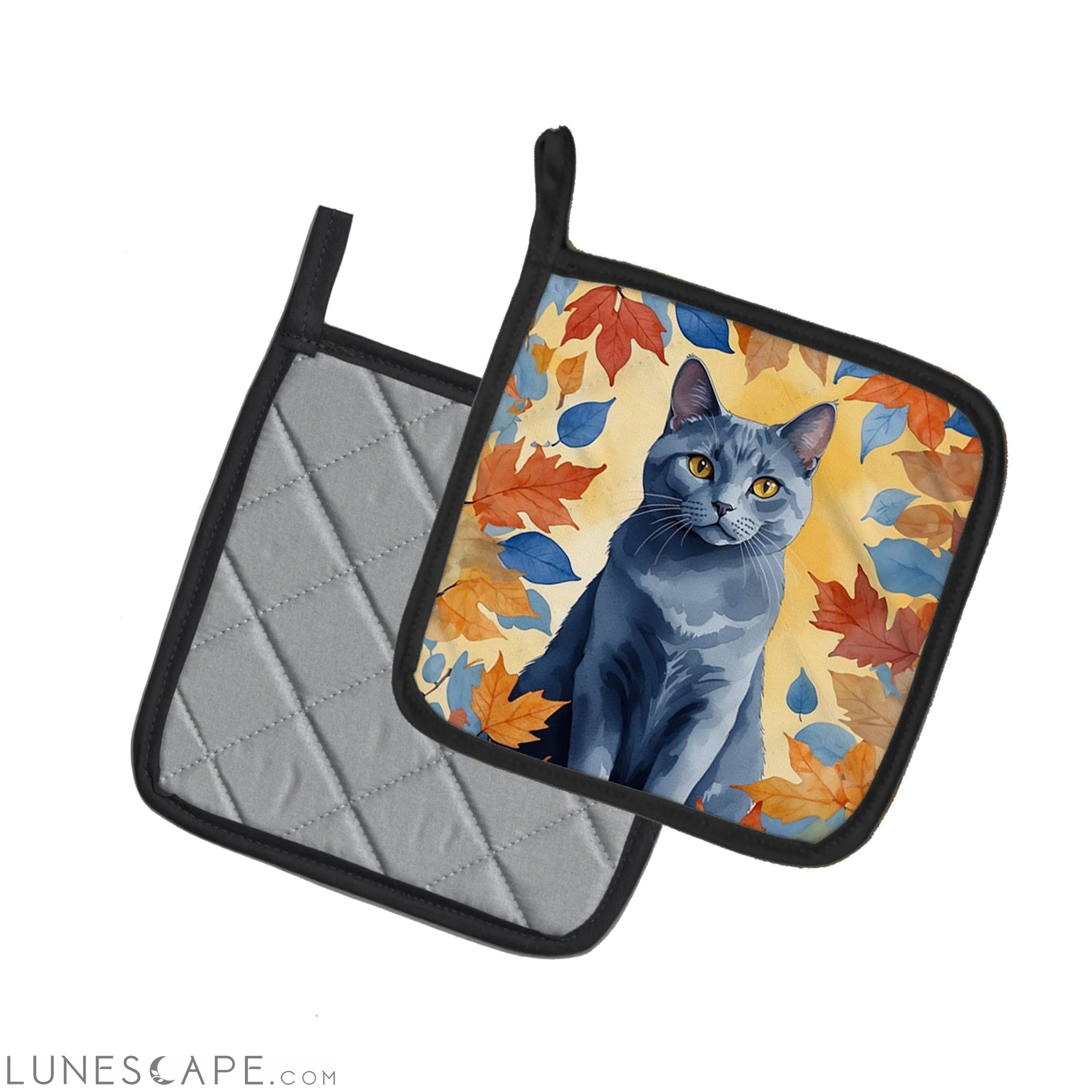 Chartreux Cat in Fall Leaves Pair of Pot Holders LUNESCAPE