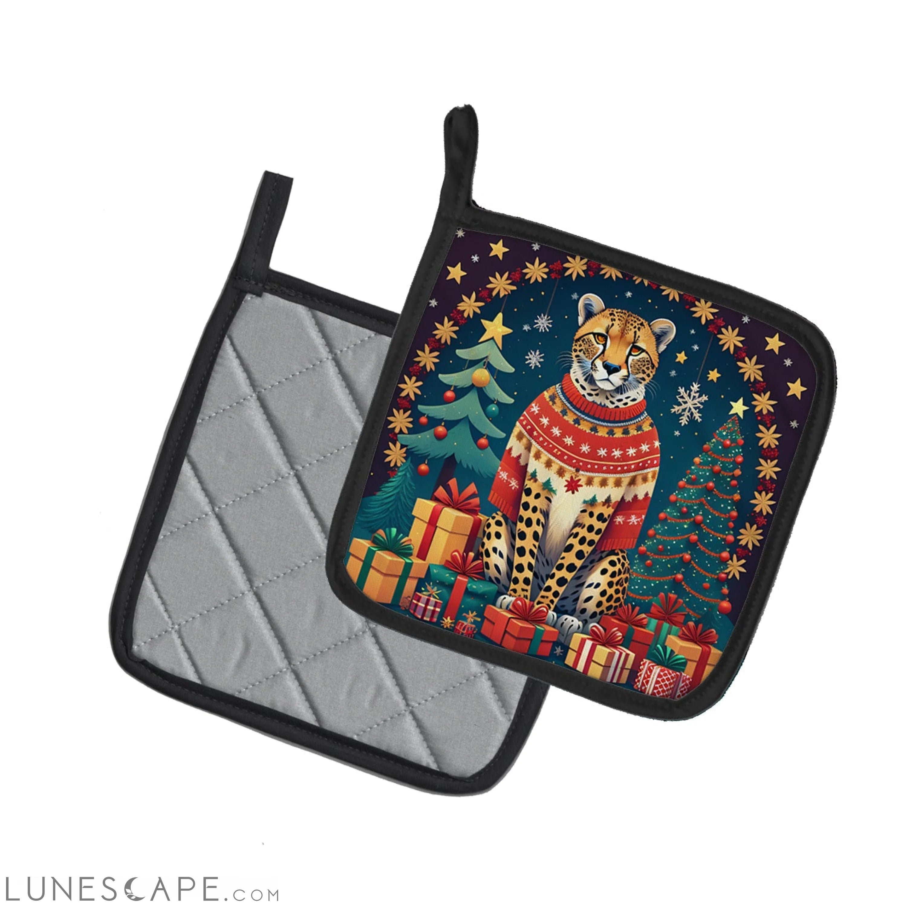 Cheetah Christmas Pair of Pot Holders LUNESCAPE