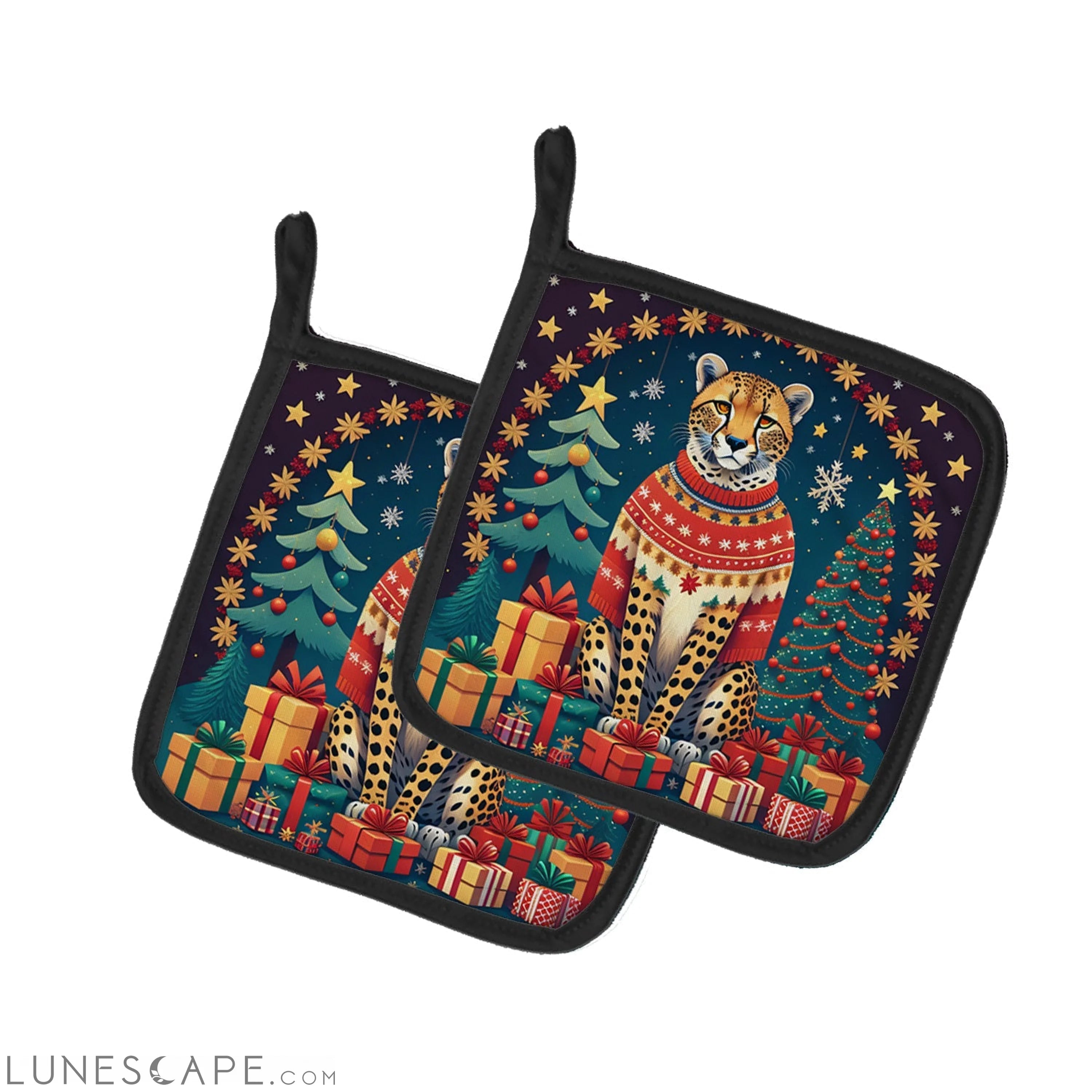 Cheetah Christmas Pair of Pot Holders LUNESCAPE