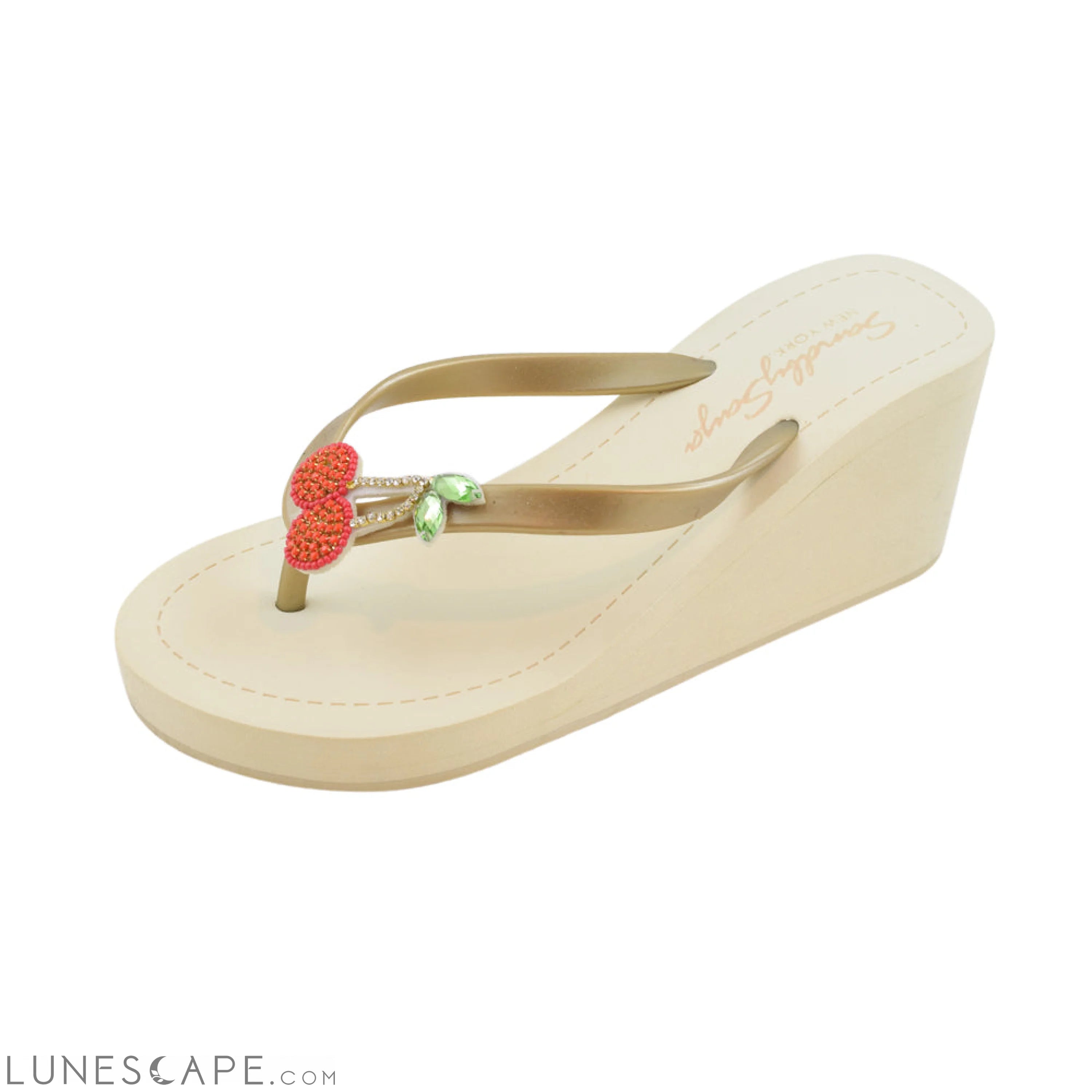 Cherry -Red Rhine Stone Embroidered Women's High Wedge Flip Flops Sandal LUNESCAPE