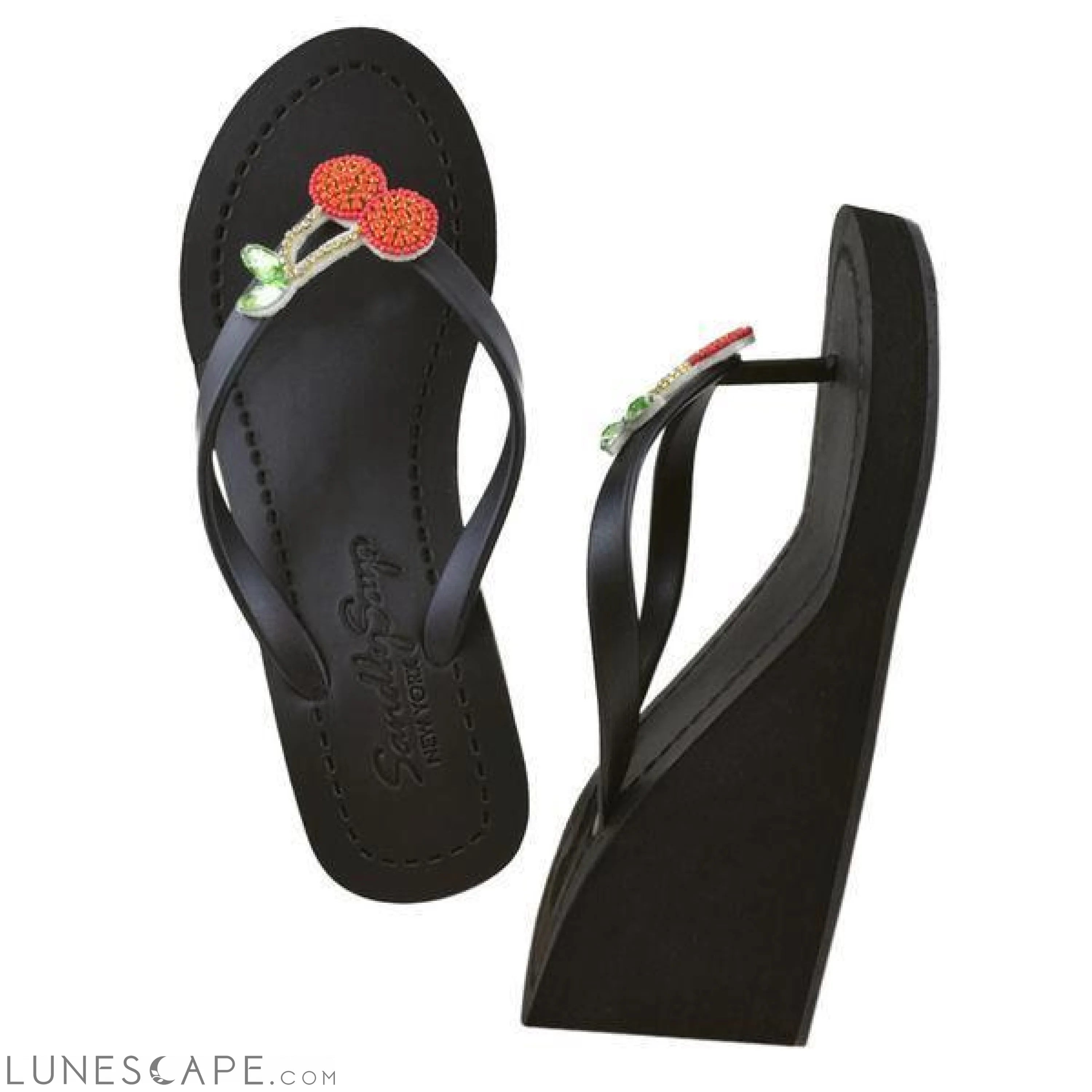 Cherry -Red Rhine Stone Embroidered Women's High Wedge Flip Flops Sandal LUNESCAPE