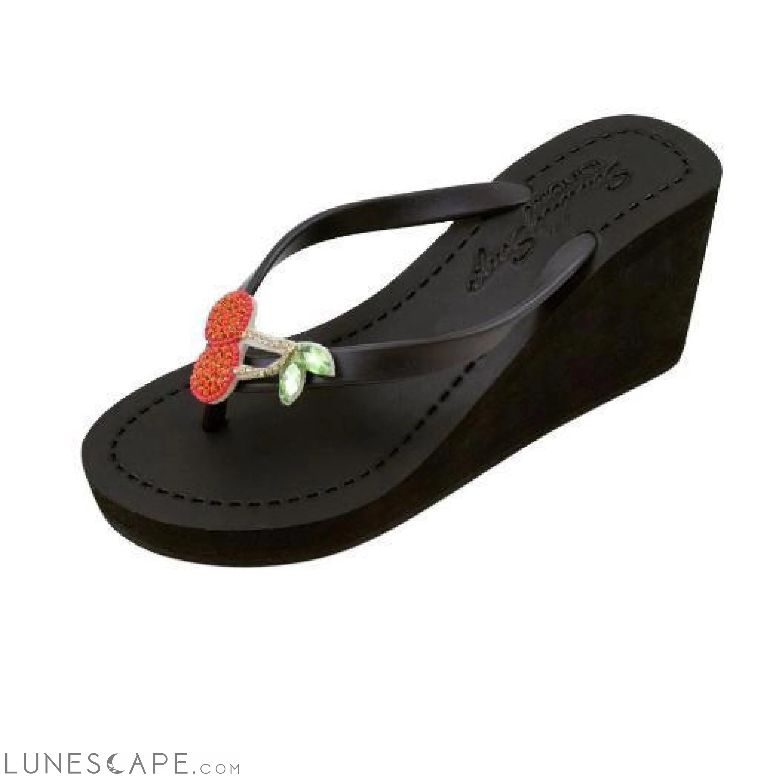 Cherry -Red Rhine Stone Embroidered Women's High Wedge Flip Flops Sandal LUNESCAPE