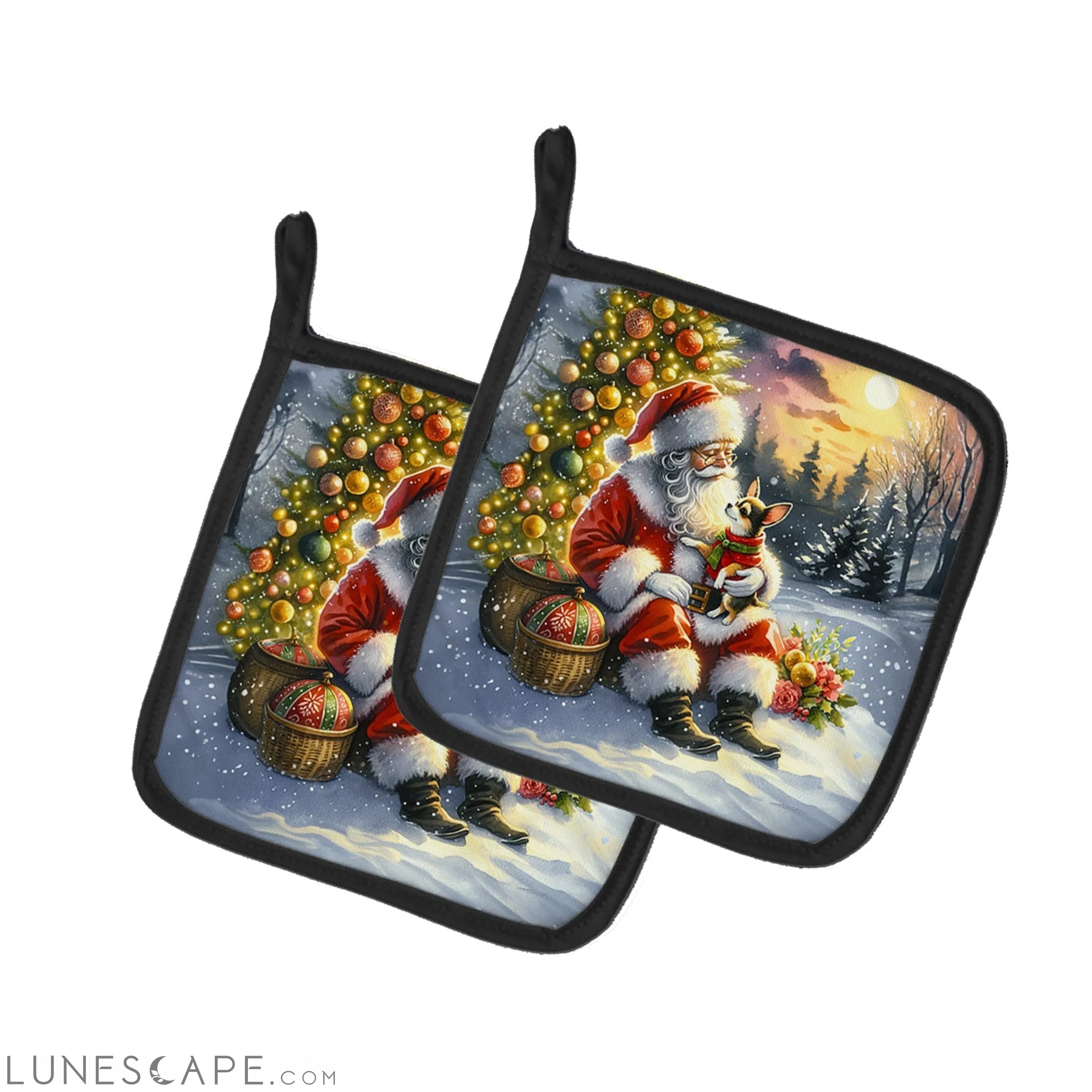 Chihuahua and Santa Claus Pair of Pot Holders LUNESCAPE