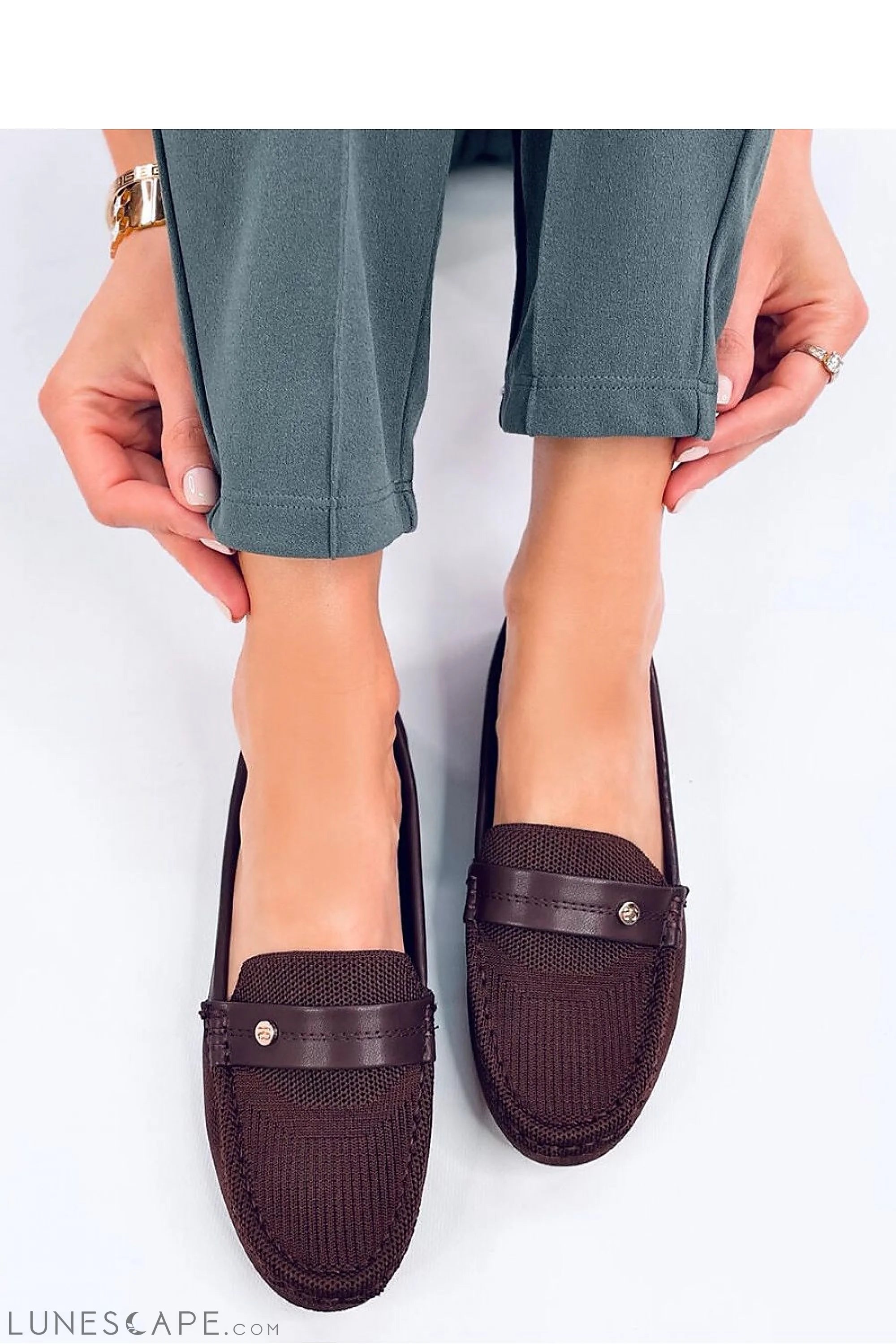 Chocolate Knit Penny Loafers with Vegan Leather Strap LUNESCAPE