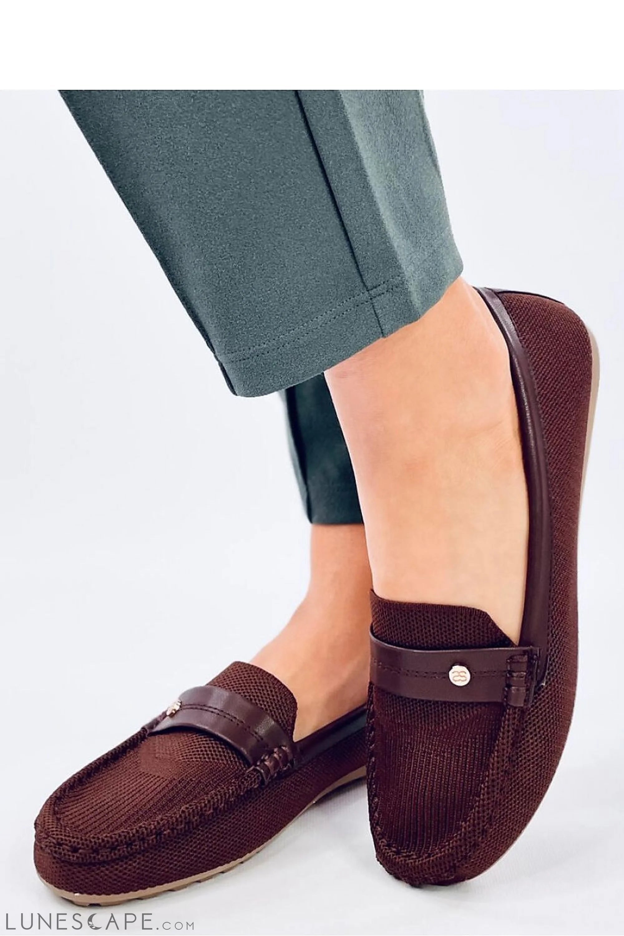 Chocolate Knit Penny Loafers with Vegan Leather Strap LUNESCAPE