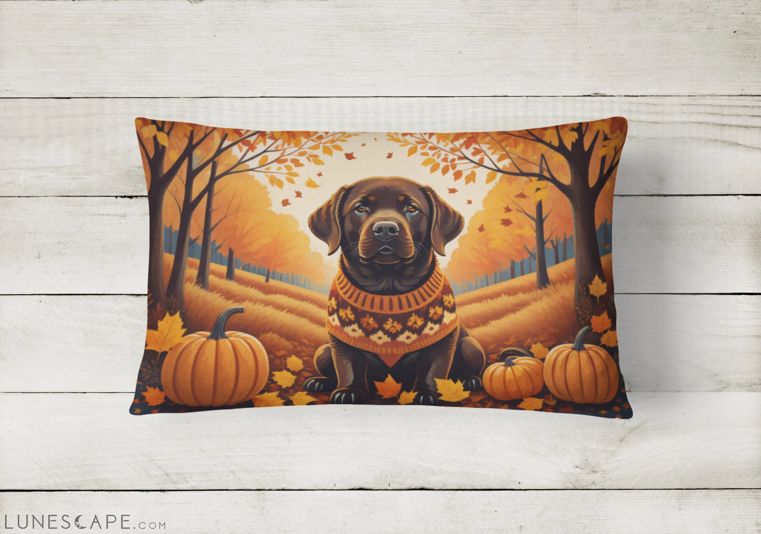 Chocolate Labrador Retriever Fall Throw Pillow LUNESCAPE