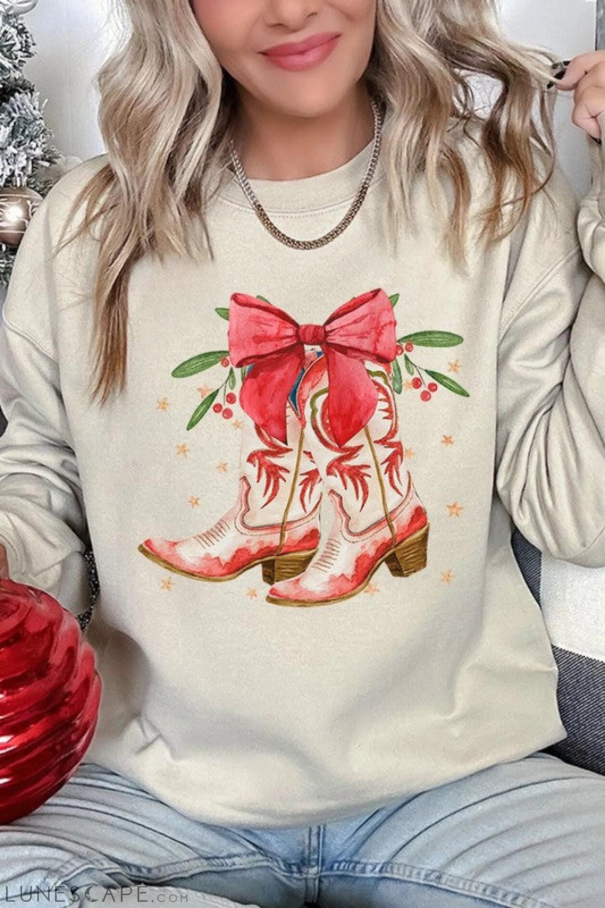 Christmas Cowgirl Boots Graphic Fleece Sweatshirts LUNESCAPE