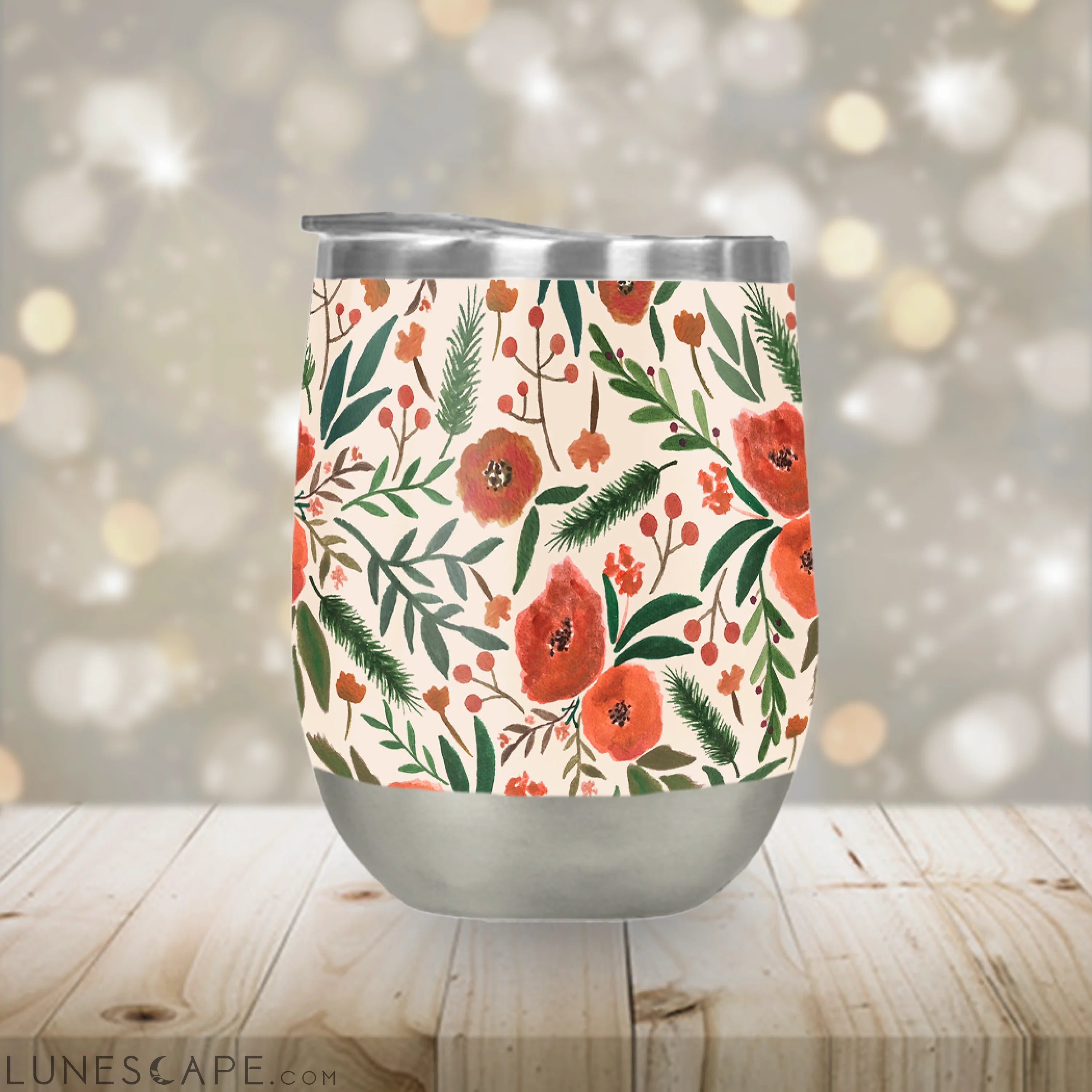 Christmas Floral Stemless Wine Tumbler LUNESCAPE
