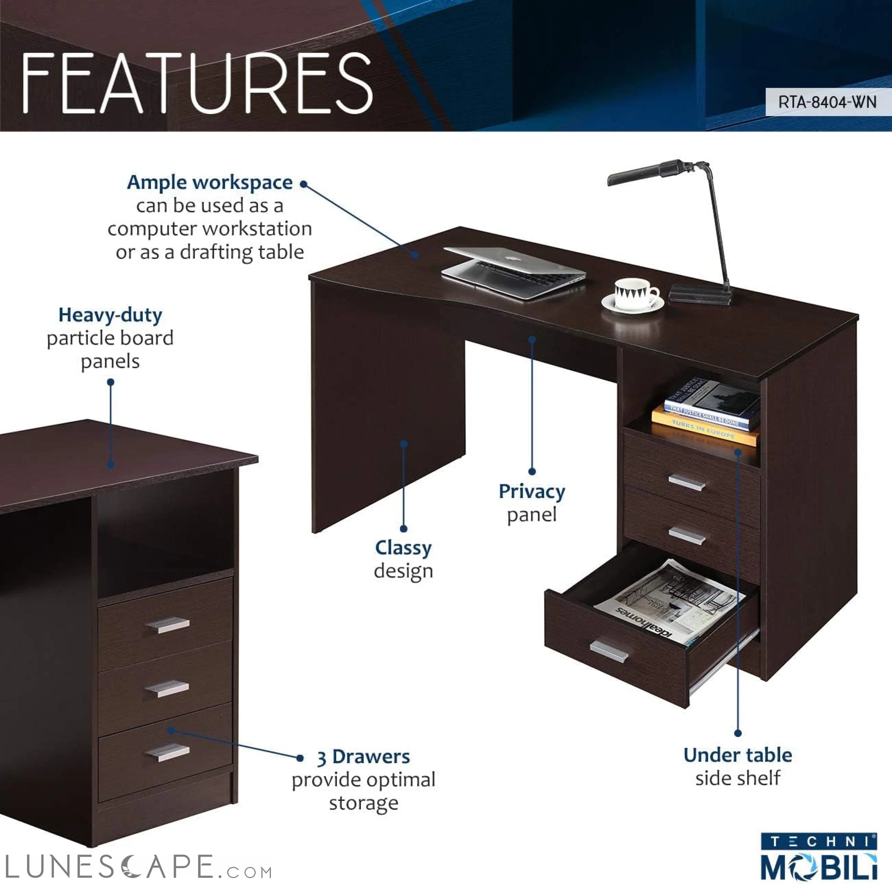 Classic Computer Desk with Multiple Drawers, 29.5" X 23.6" X 51.2", LUNESCAPE