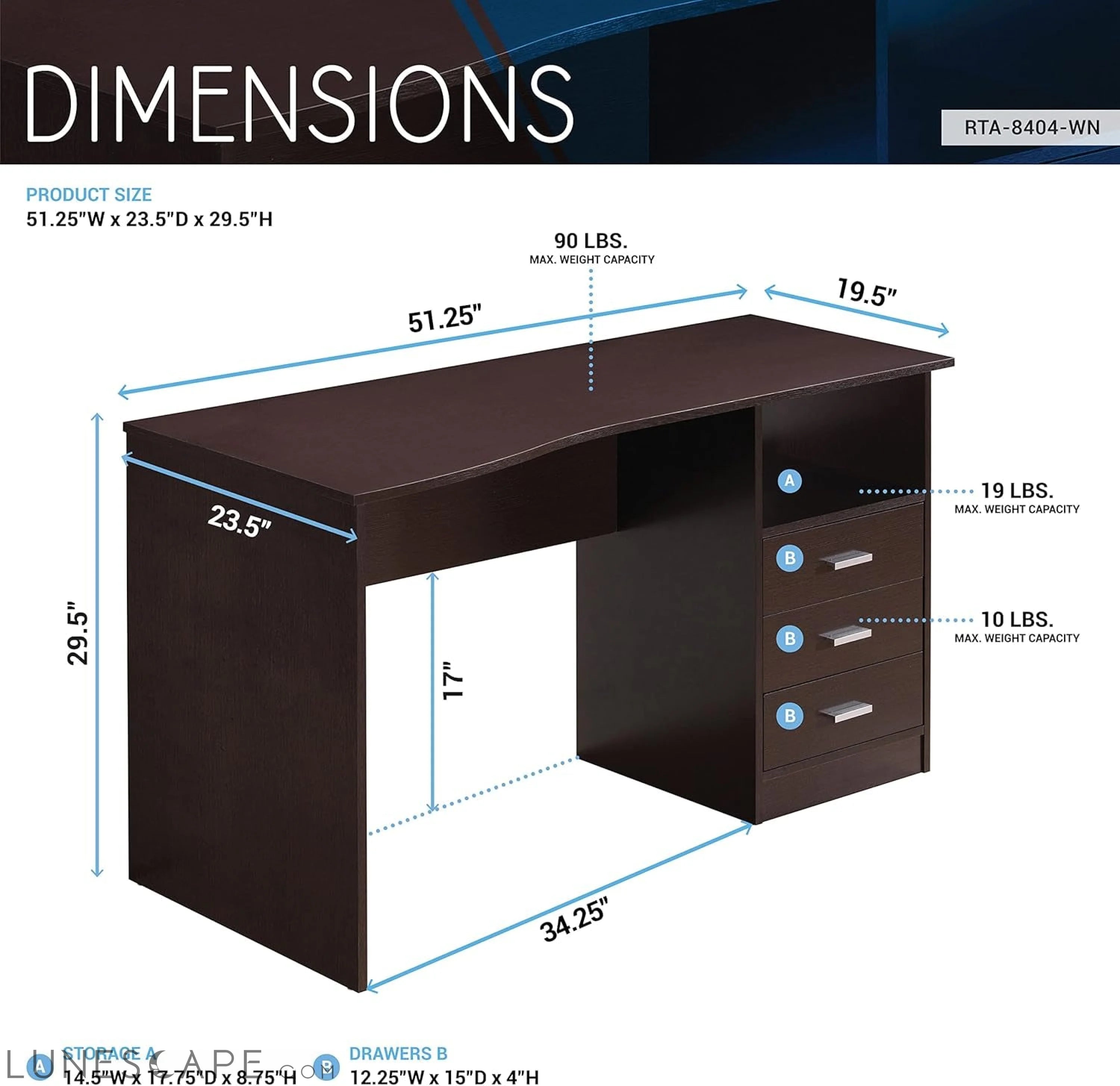 Classic Computer Desk with Multiple Drawers, 29.5" X 23.6" X 51.2", LUNESCAPE