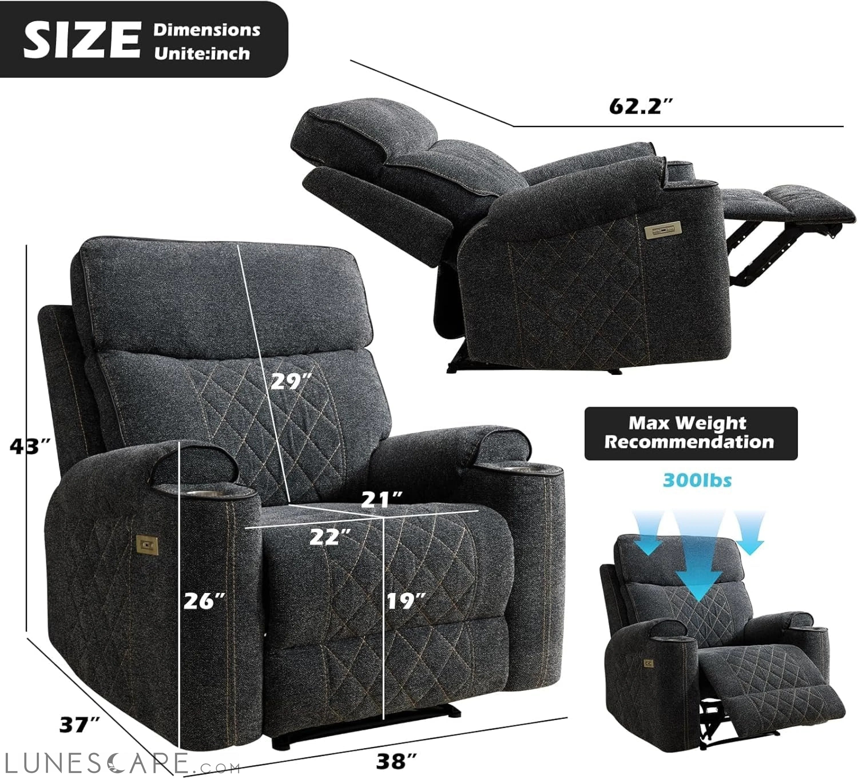 Classic Power Recliner Sofa with Cup Holders and Double Layer Backrest LUNESCAPE