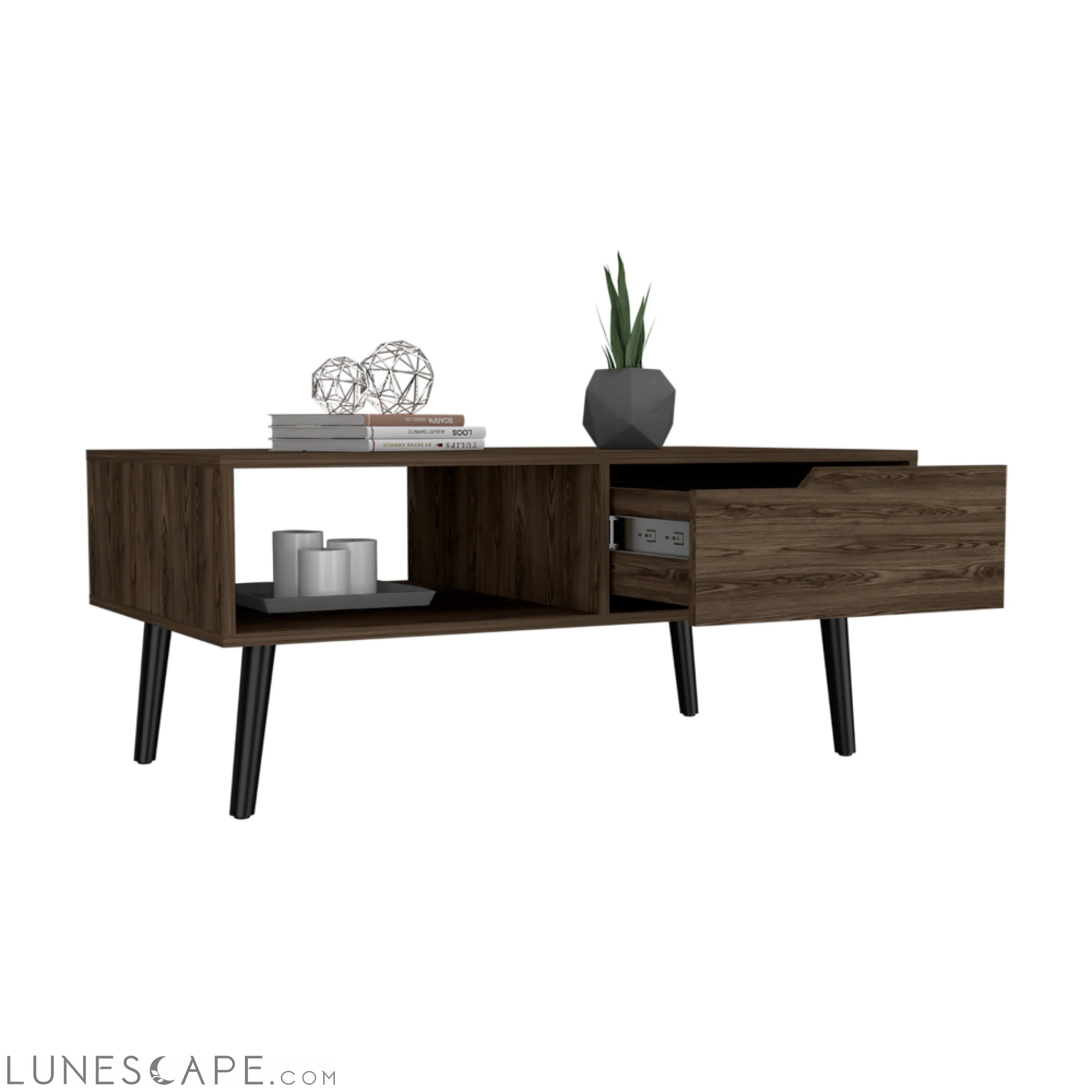 Coffee Table Bull, One Drawer, One Open Shelf, Four Legs, Dark Walnut LUNESCAPE