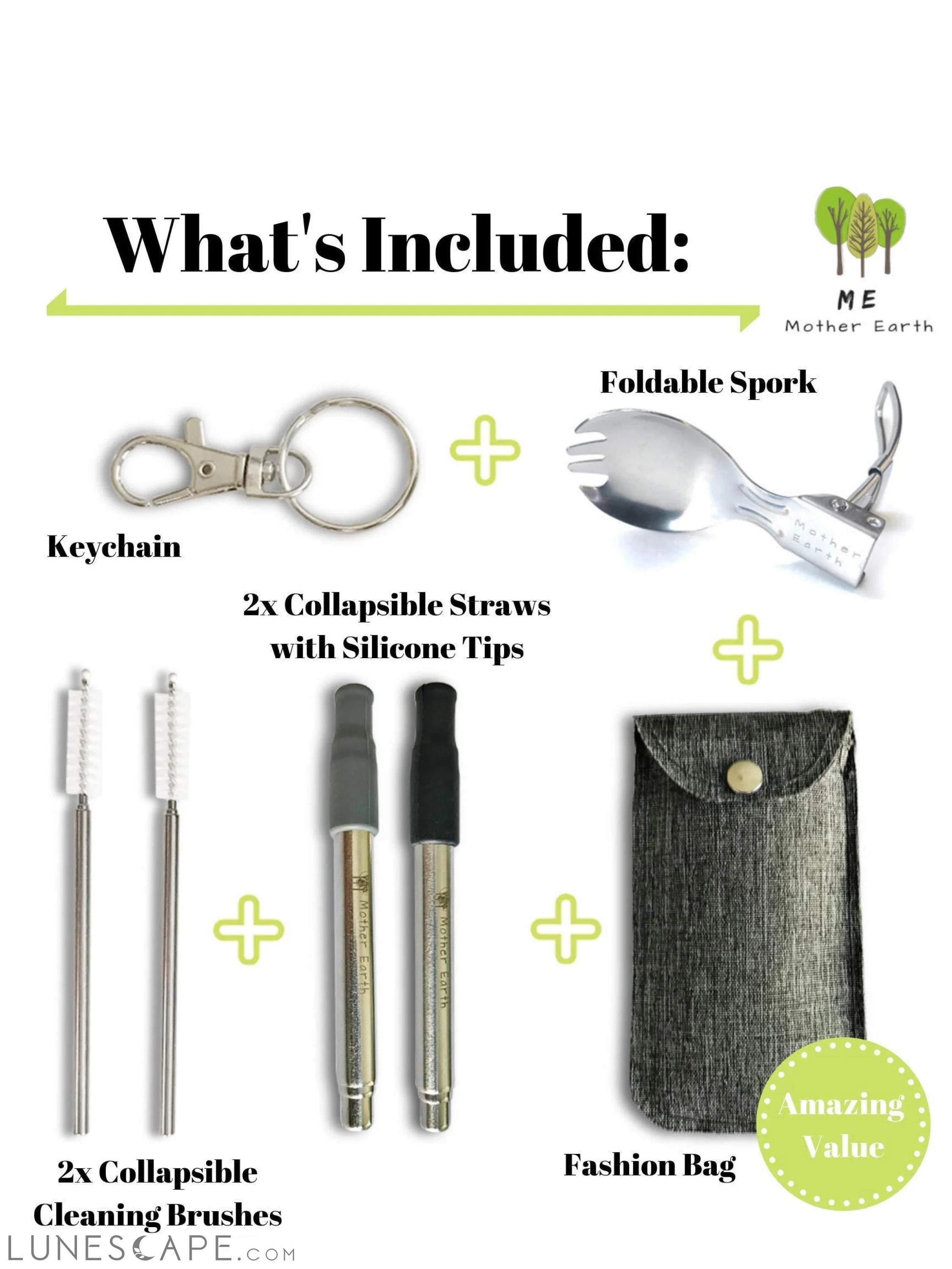 Collapsible Straw and Foldable Spork KIT LUNESCAPE