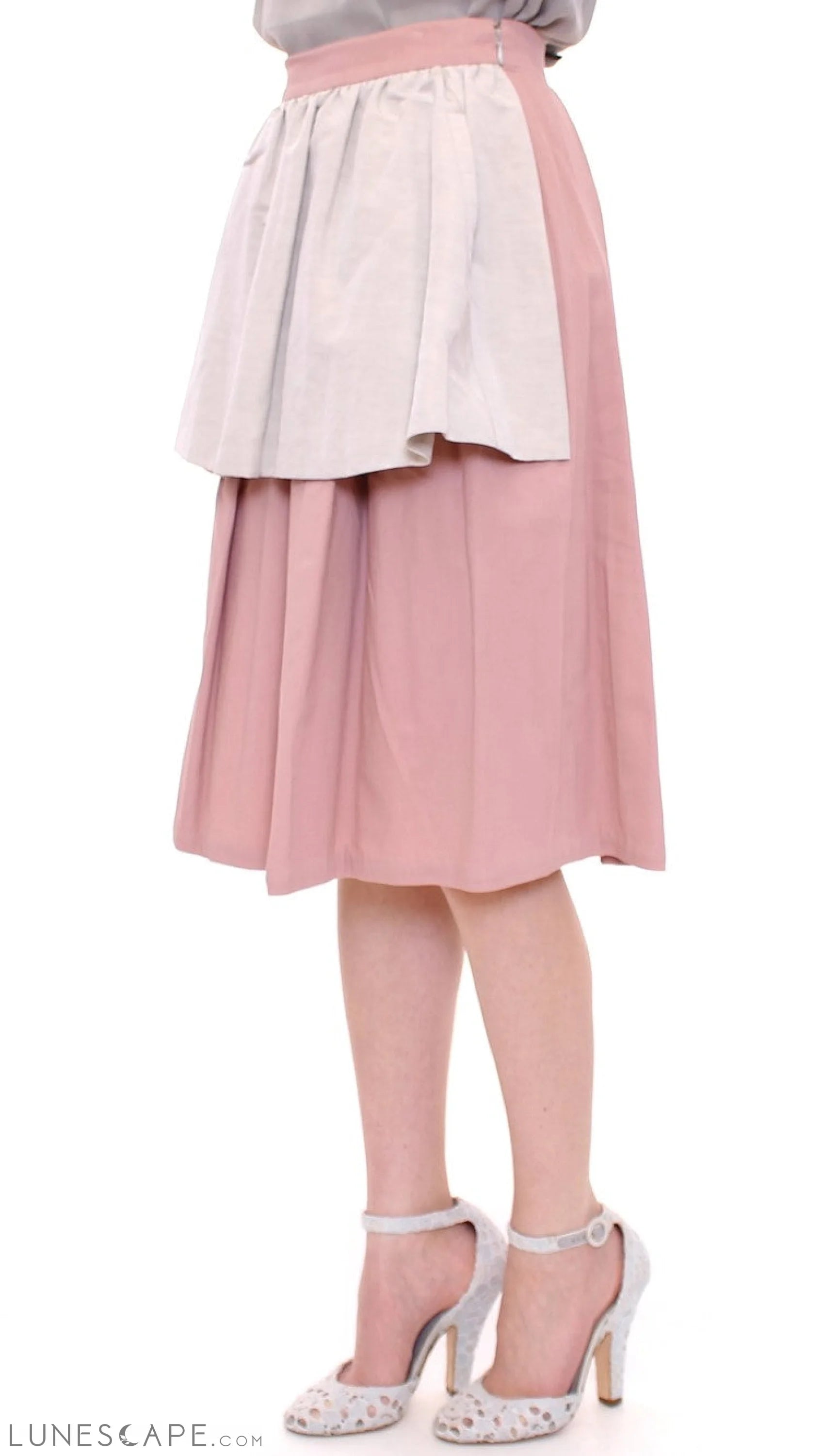 Comeforbreakfast Elegant Pleated Knee-length Skirt in Pink and Gray LUNESCAPE