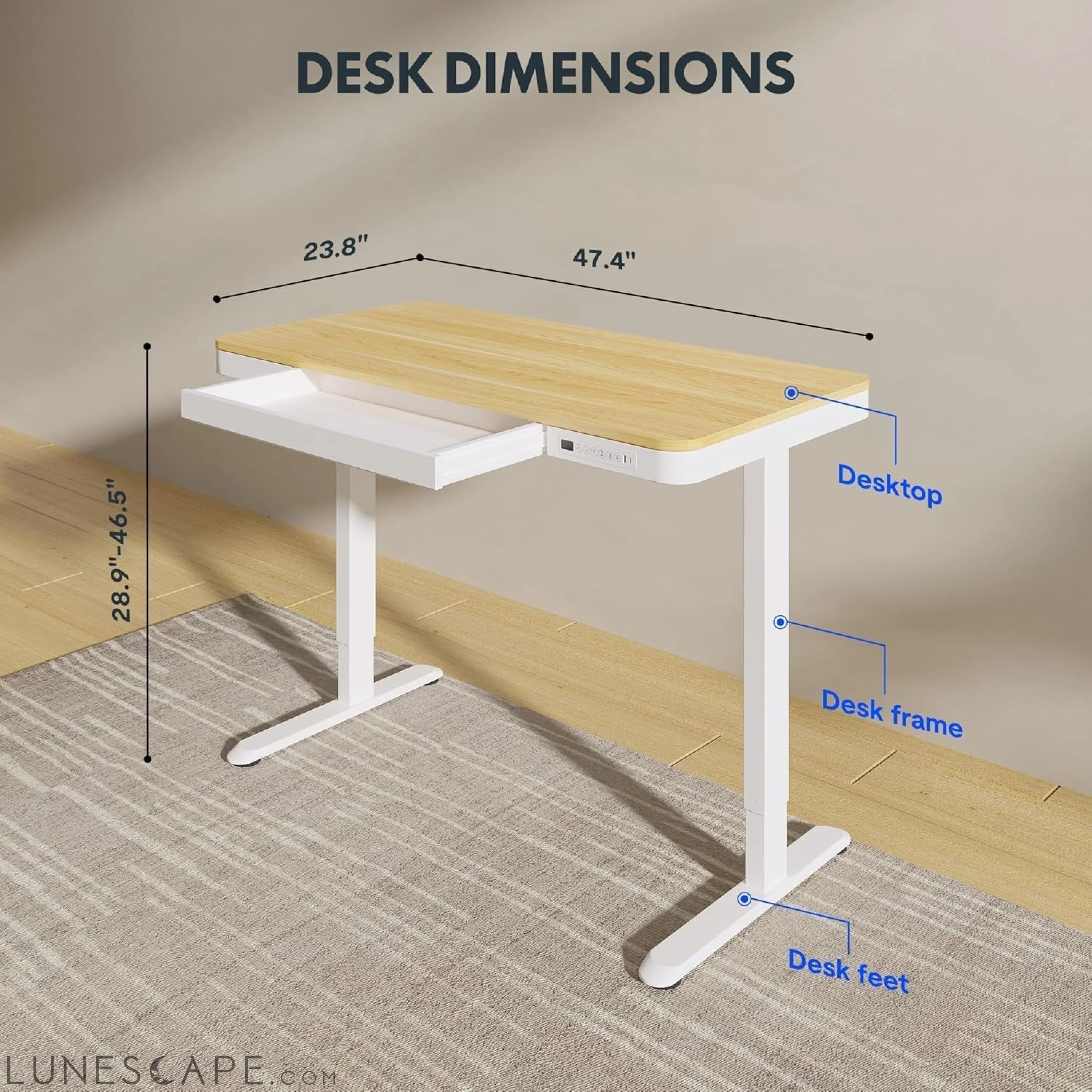 Comhar Electric Standing Desk with Drawers Charging USB Port, Height LUNESCAPE