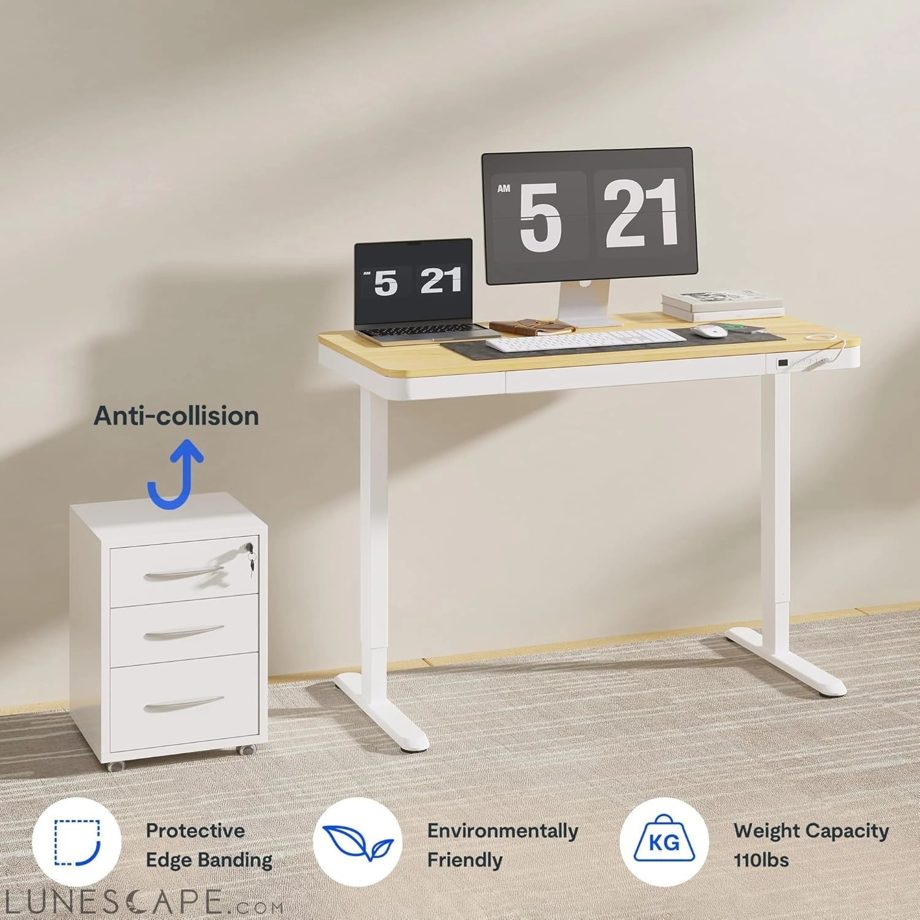 Comhar Electric Standing Desk with Drawers Charging USB Port, Height LUNESCAPE
