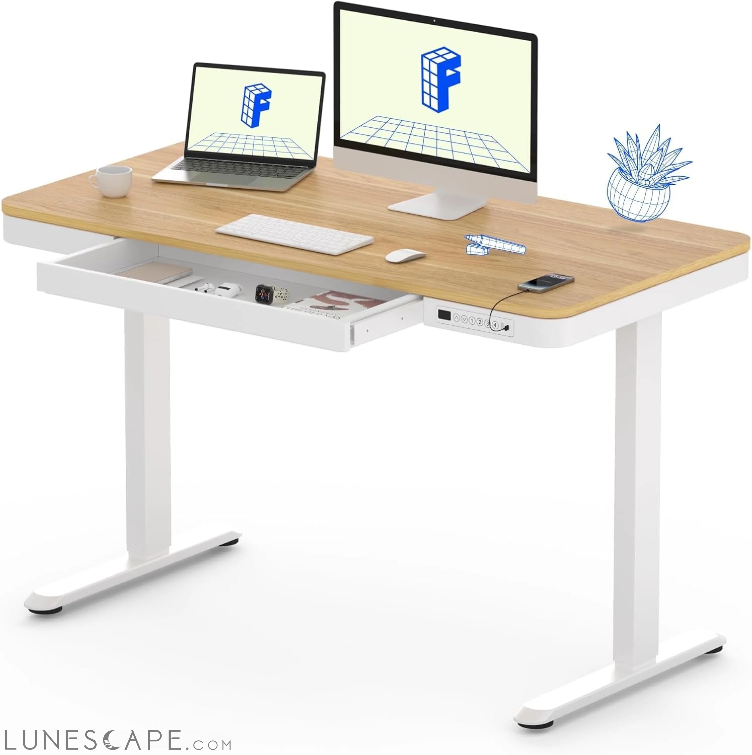Comhar Electric Standing Desk with Drawers Charging USB Port, Height LUNESCAPE