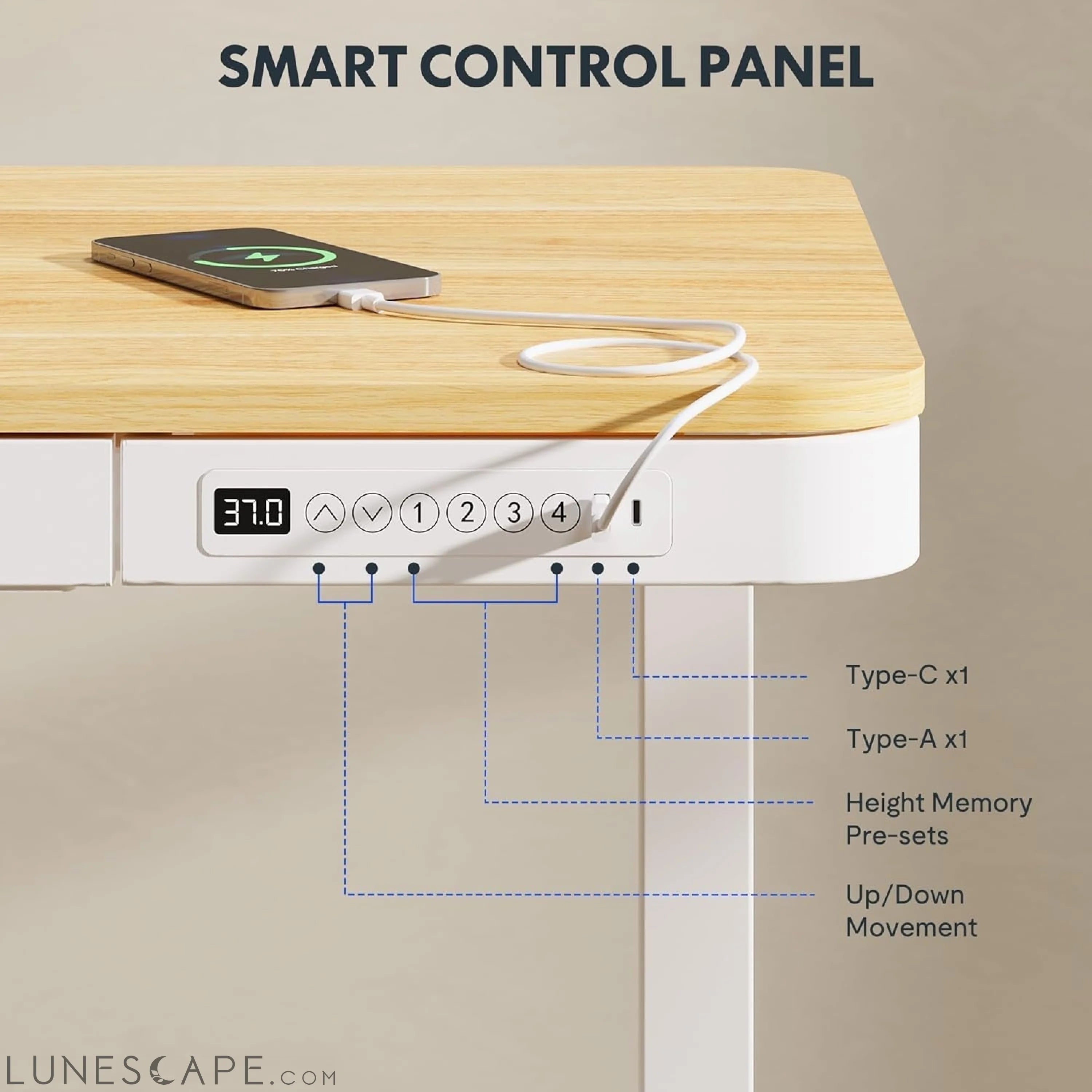 Comhar Electric Standing Desk with Drawers Charging USB Port, Height LUNESCAPE