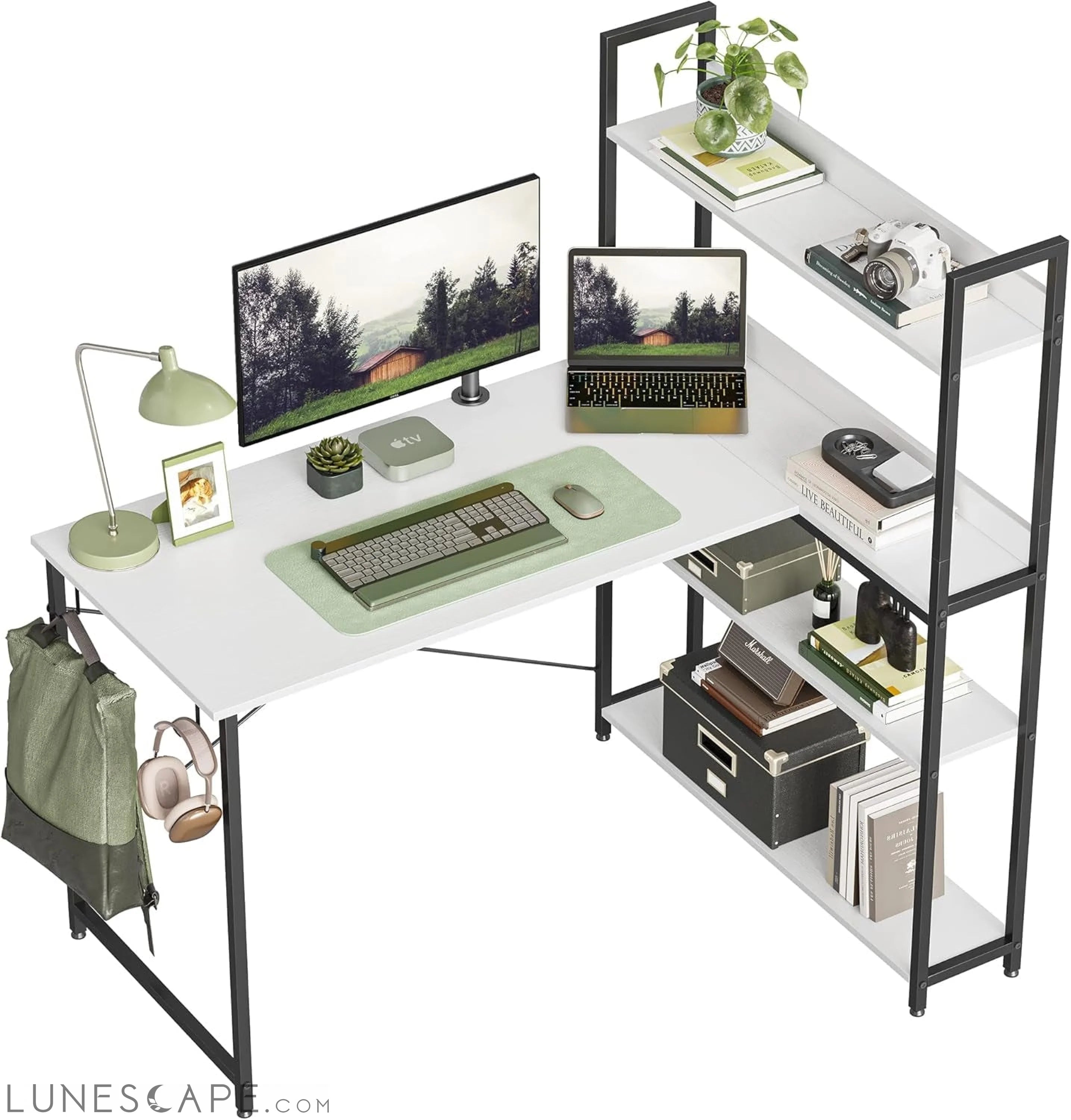 Computer Corner Desk with Storage Shelves, 47 Inch Reversible Small L LUNESCAPE