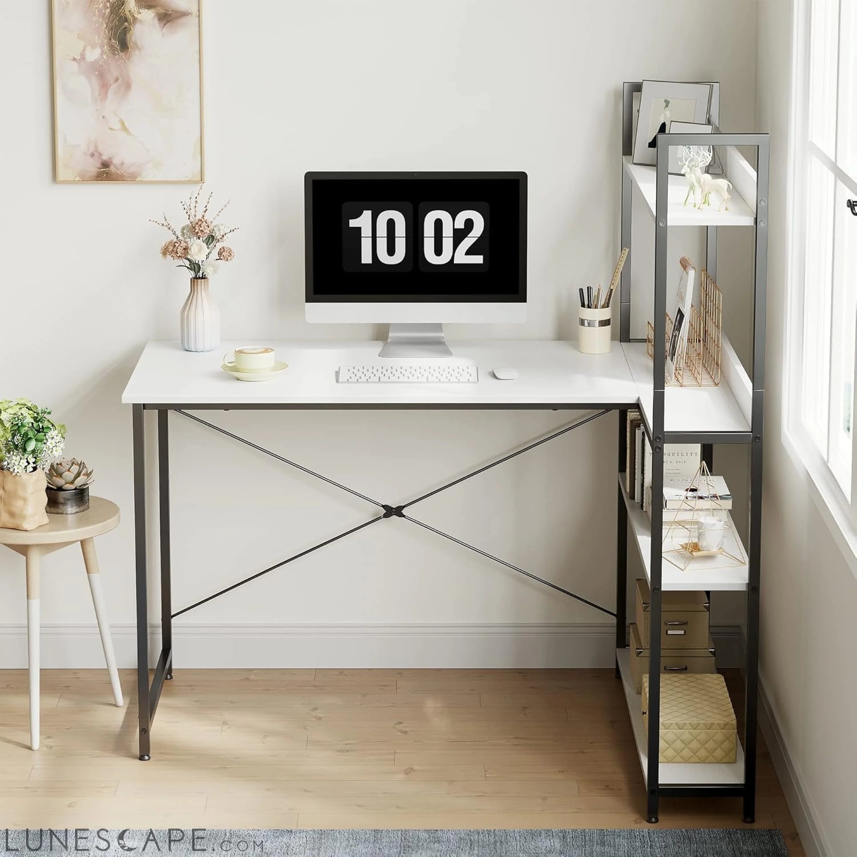 Computer Corner Desk with Storage Shelves, 47 Inch Reversible Small L LUNESCAPE