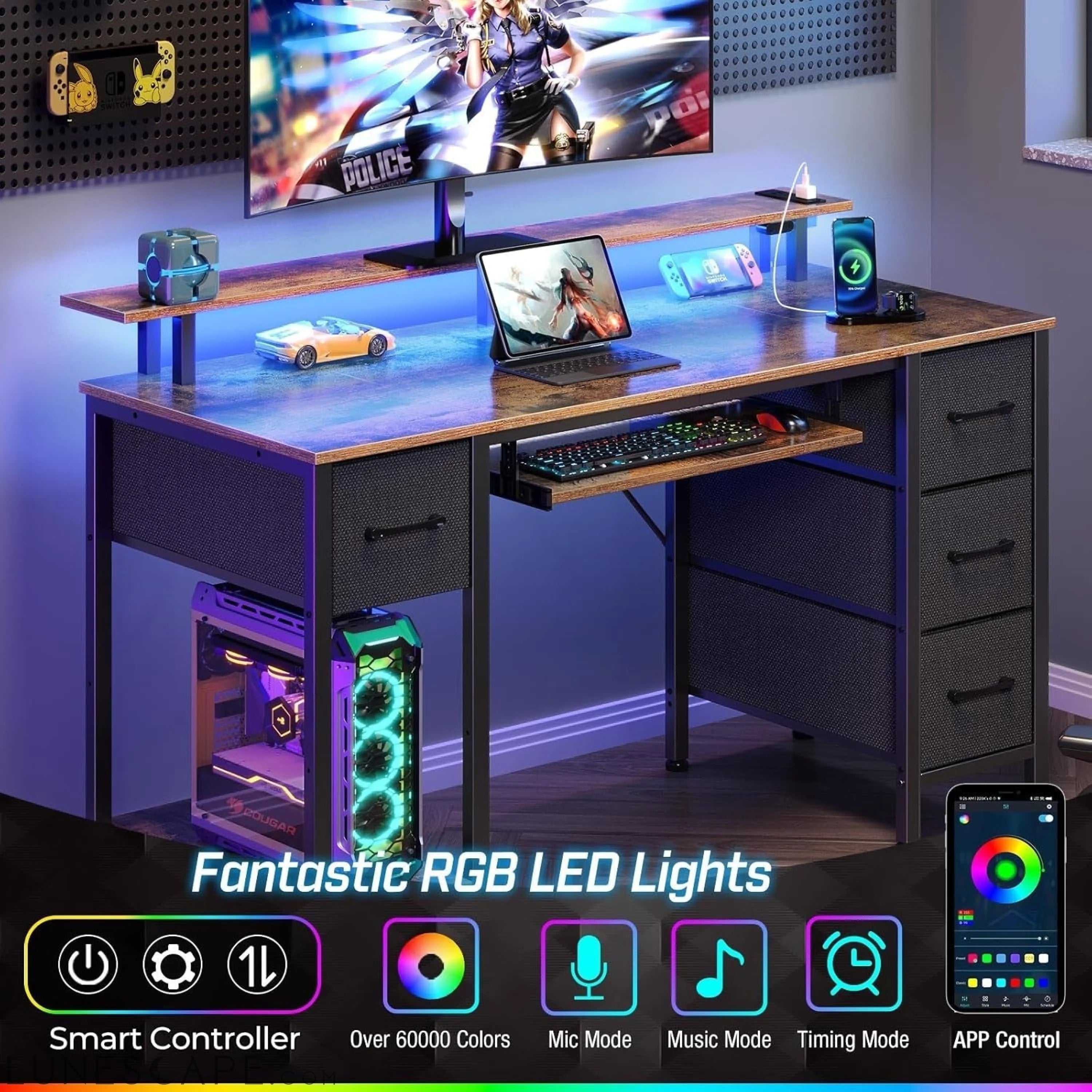 Computer Desk 47.2" with LED Lights & Power Outlets, Home Office Desk LUNESCAPE
