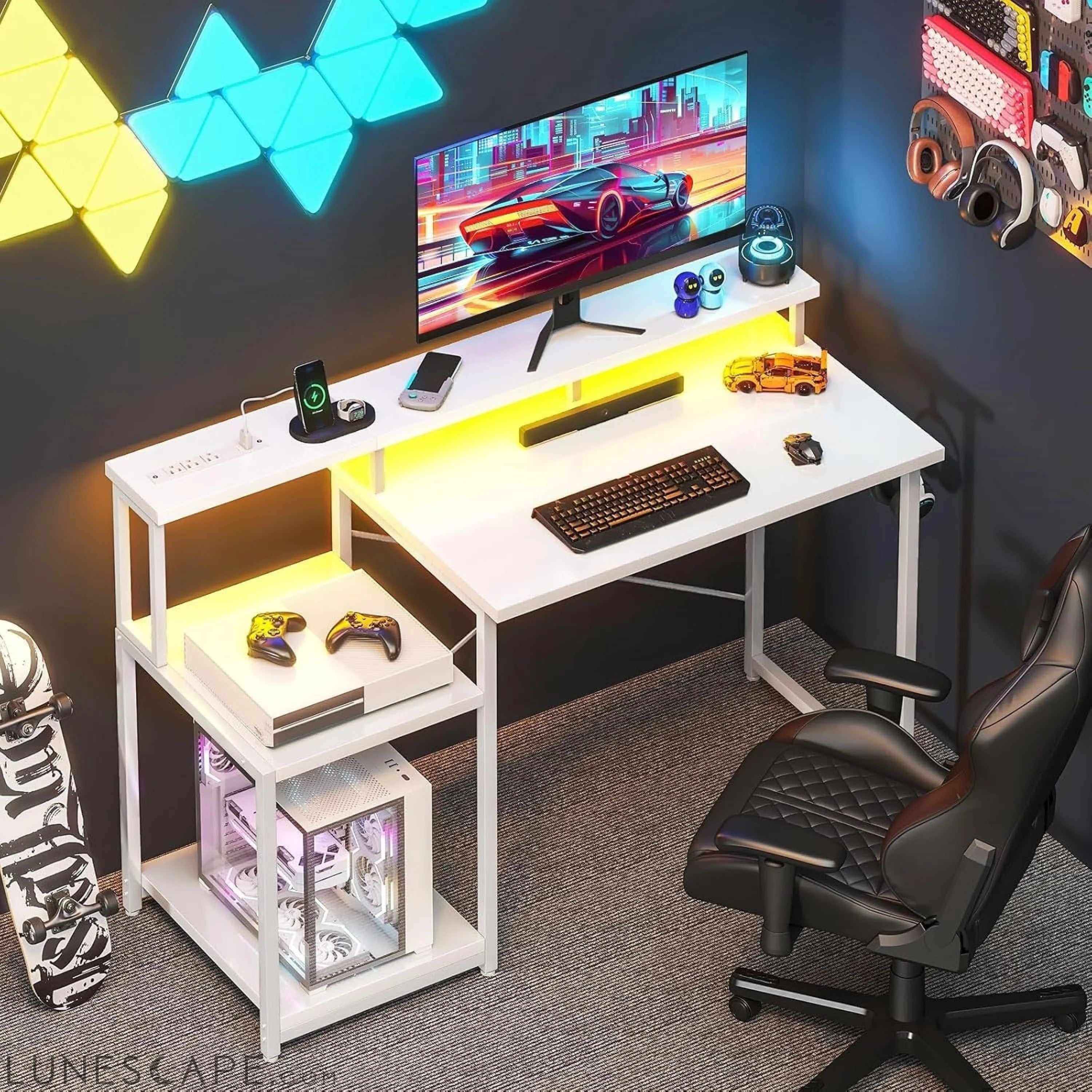 Computer Desk, 48 Inch Gaming Desk with Led Lights & Power Outlet, LUNESCAPE