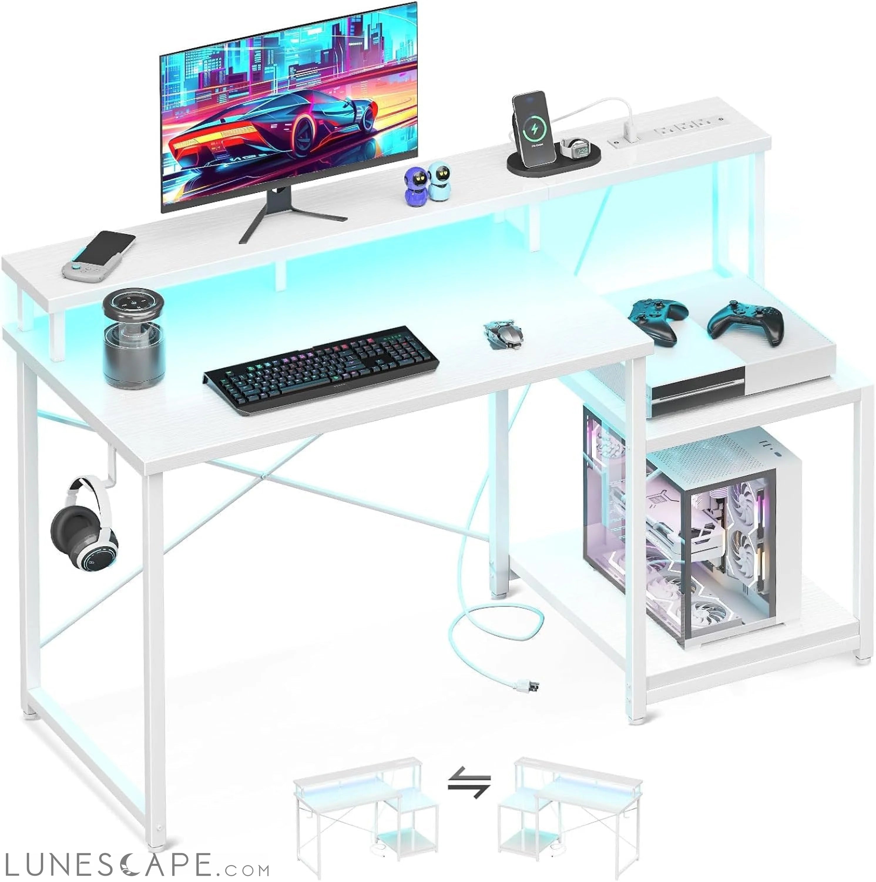 Computer Desk, 48 Inch Gaming Desk with Led Lights & Power Outlet, LUNESCAPE